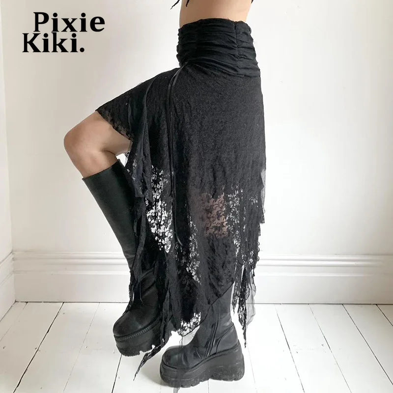 Black Lace Long Skirt - Low Rise Y2K Asymmetrical Skirt for Women | 2000s Vintage Style Summer Skirt | Perfect for Casual Wear, Night Out & Festival Outfits (P67 EZ20)