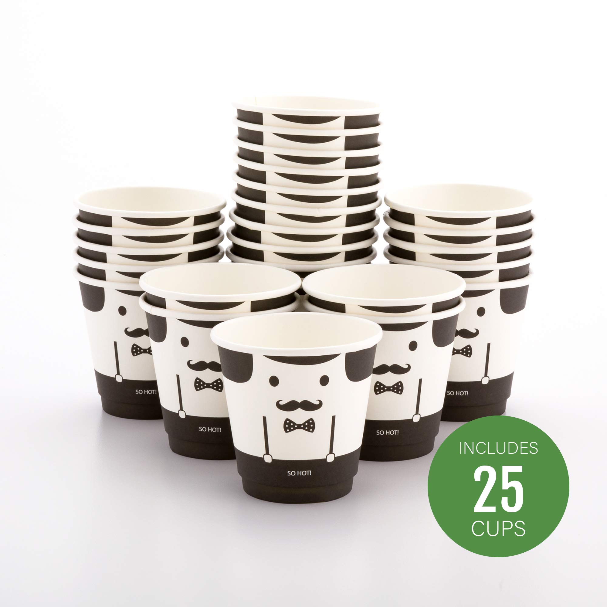 8oz Disposable Paper Coffee Cups - 25 Pack Leakproof & Recyclable Hot Drink Cups with Insulated Design | Black & White Monsieur Pattern | Matching Lids Sold Separately | Perfect for Coffee Shops, Offices & Catering Events