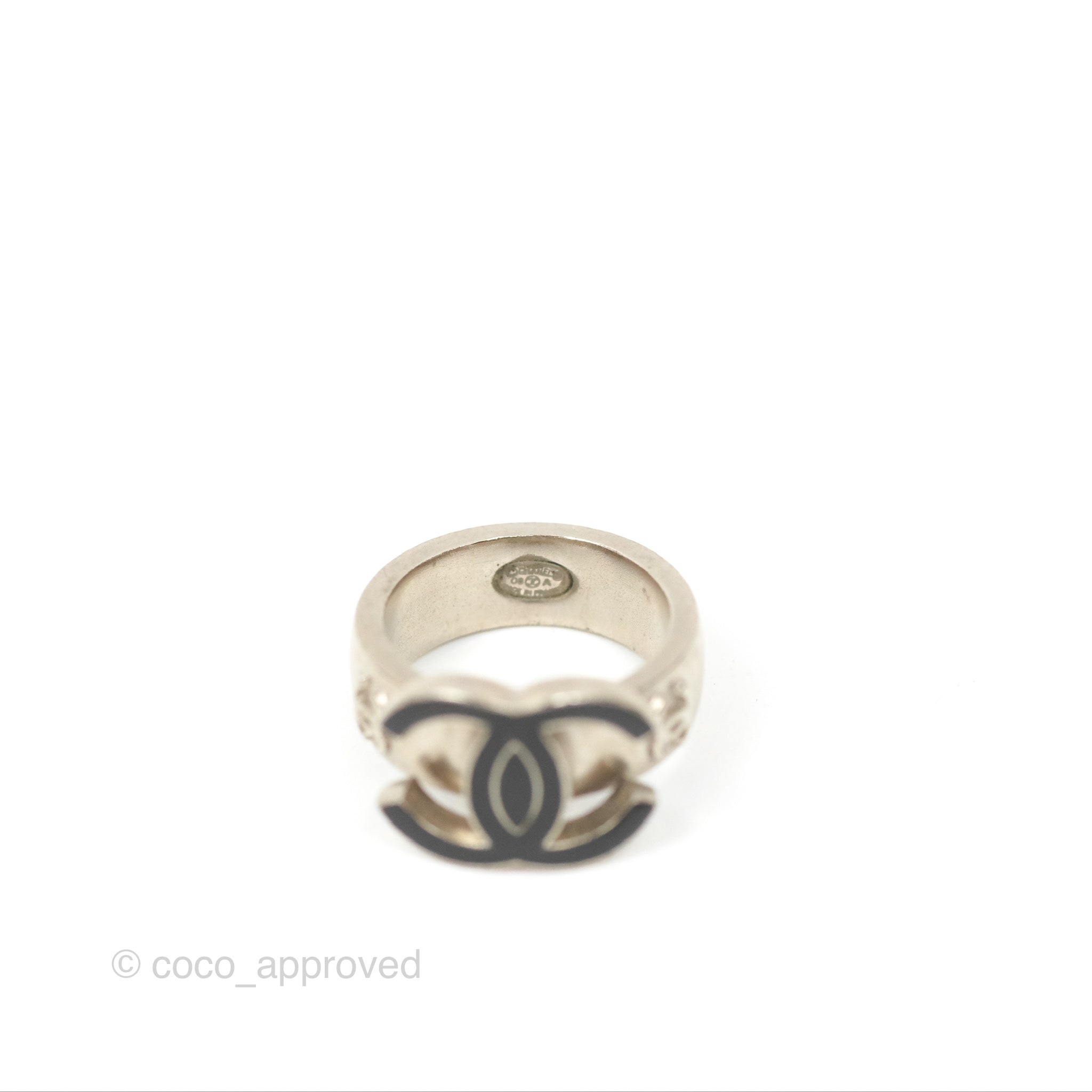 Chanel Black CC Ring in Brushed Silver Tone - Elegant Fashion Jewelry for Women | Perfect for Parties, Weddings & Special Occasions