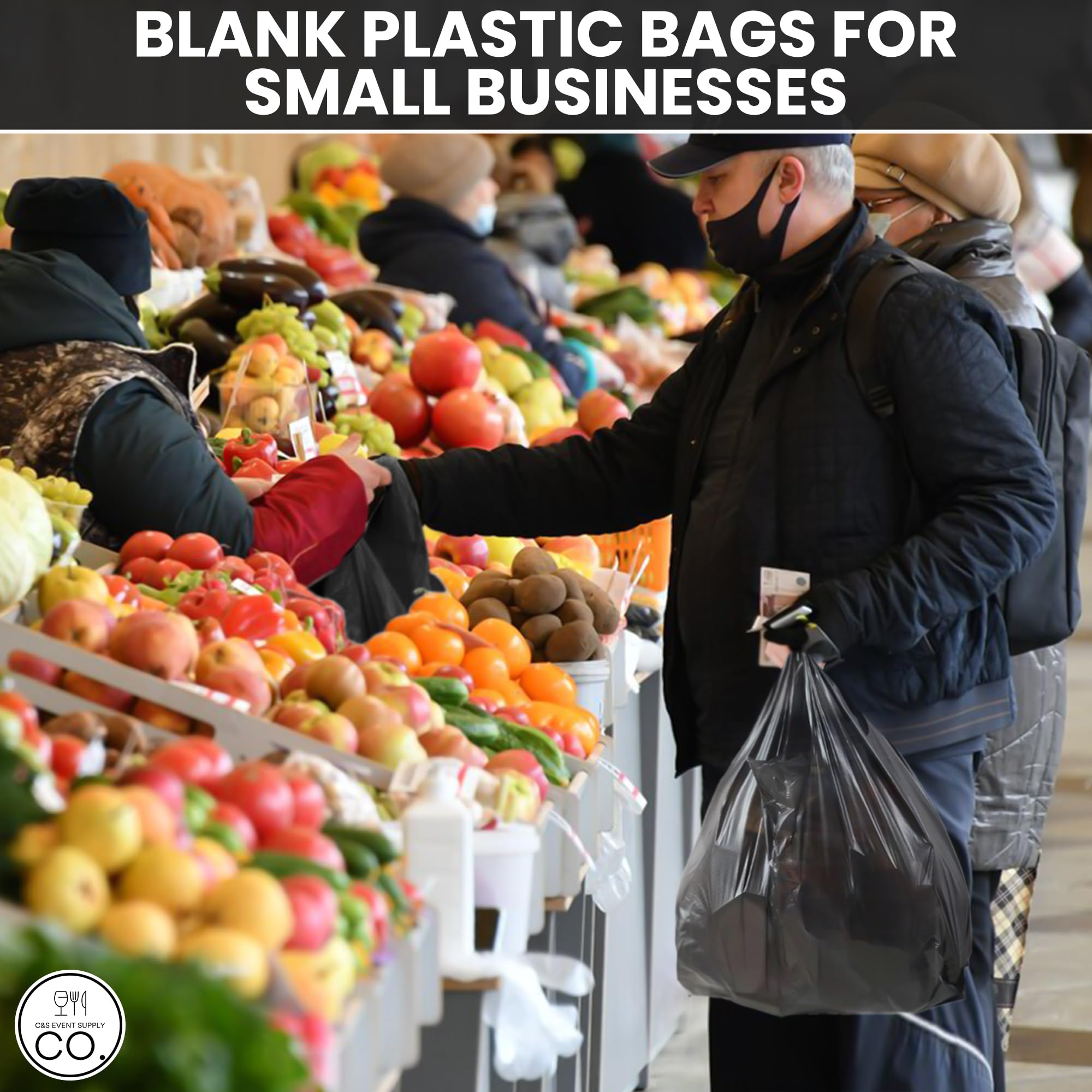100 Pack Black Plastic Grocery Bags with Handles - Biodegradable Shopping Bags Bulk for Groceries, T-Shirts & Produce - Eco-Friendly Thank You Bags for Retail Stores, Farmers Markets & Home Use
