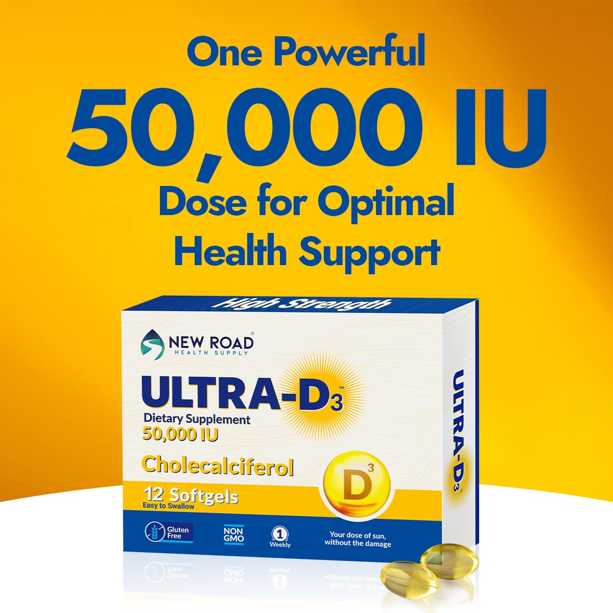 New Road Health Supply - Vitamin D 50000 IU Weekly Softgels (12 Count) | Bone, Teeth & Immune Support | Gluten-Free & Easy to Swallow | Ideal for Adults with Vitamin D Deficiency or Low Sun Exposure