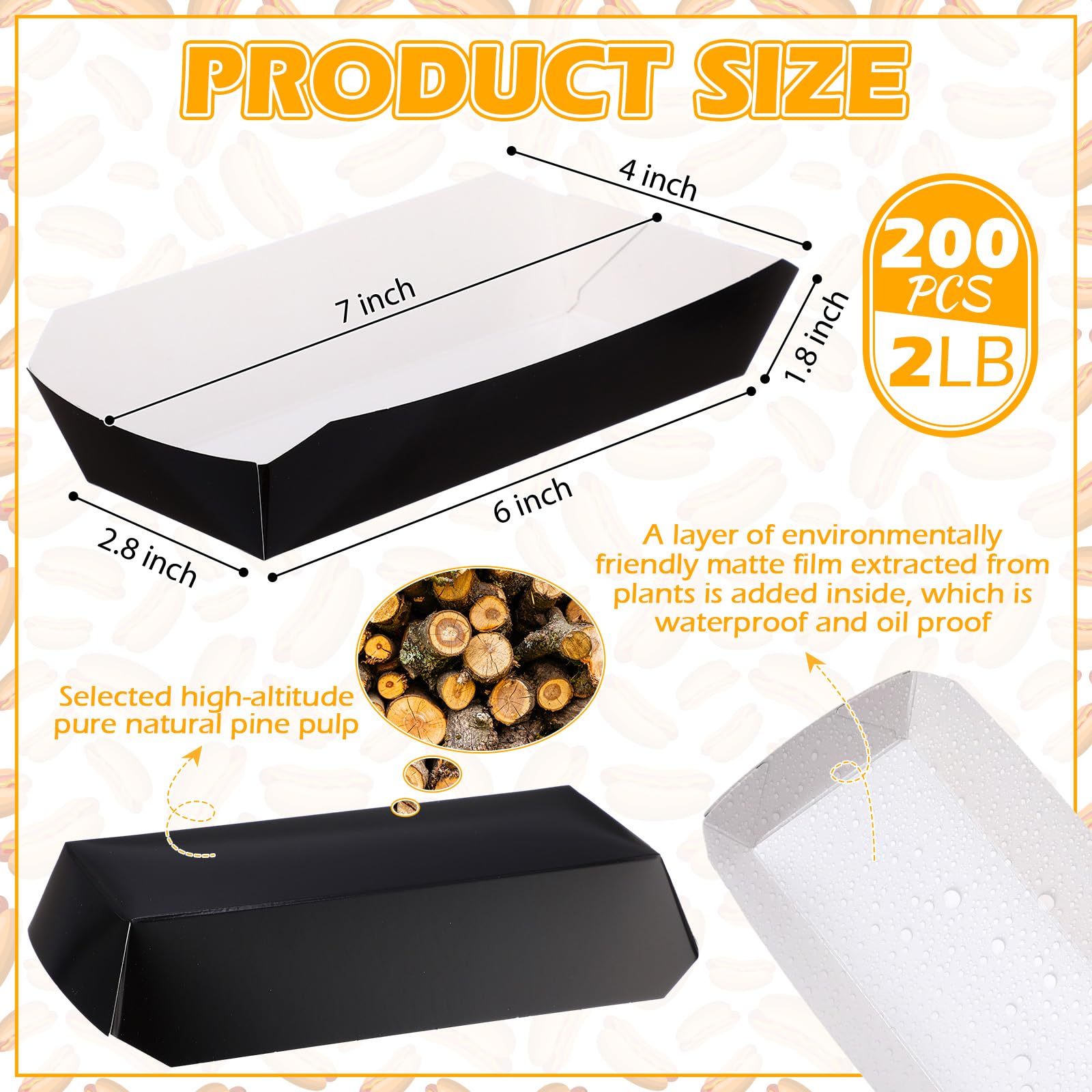 200 Pcs 7 Inch Disposable Black Paper Food Trays - 2lb Capacity Nacho Boats & Hot Dog Containers for BBQ, Parties, Festivals | Perfect for Serving French Fries, Tacos, Corn & Takeout Food