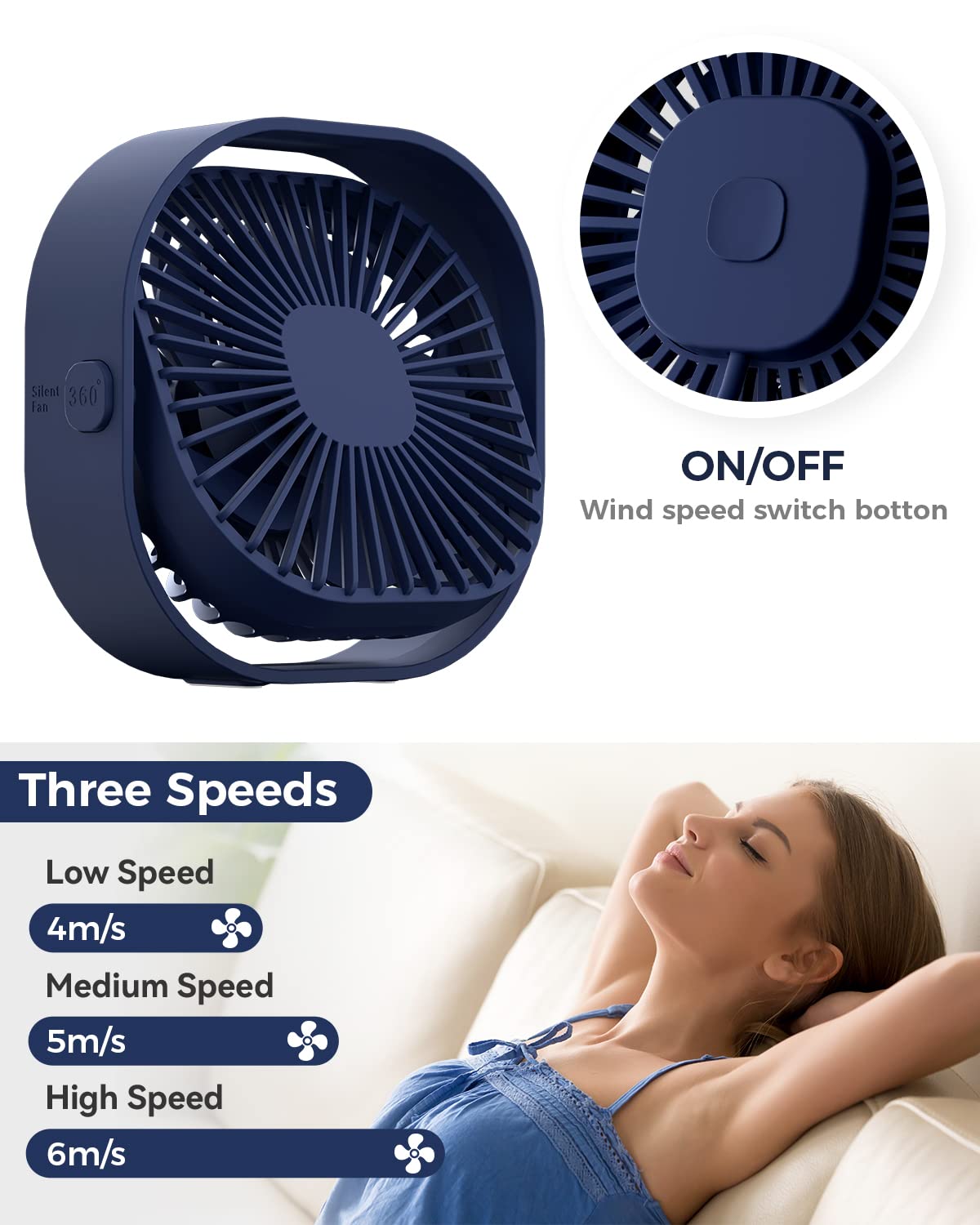 4 Inch Small USB Desk Fan - 3-Speed Portable & 360° Rotatable Mini Cooling Fan with USB Power for Home, Office, Bedroom, Dorm | Perfect for Indoor & Outdoor Use, Summer Cooling, and Gifts