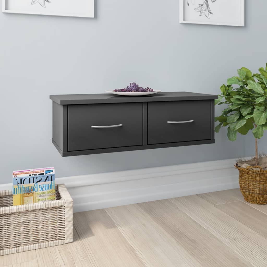 Wall-Mounted Floating Shelf with Drawer - High Gloss Gray Chipboard Storage Shelf 23.6