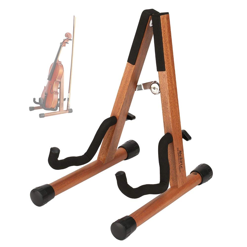 Neboic Wooden Ukulele Stand with Bow Holder - Cherry Finish, Compact Violin & Guitar Stand for Mini Guitars, Banjos, Mandolins - Perfect for Home, Studio & Stage Performances
