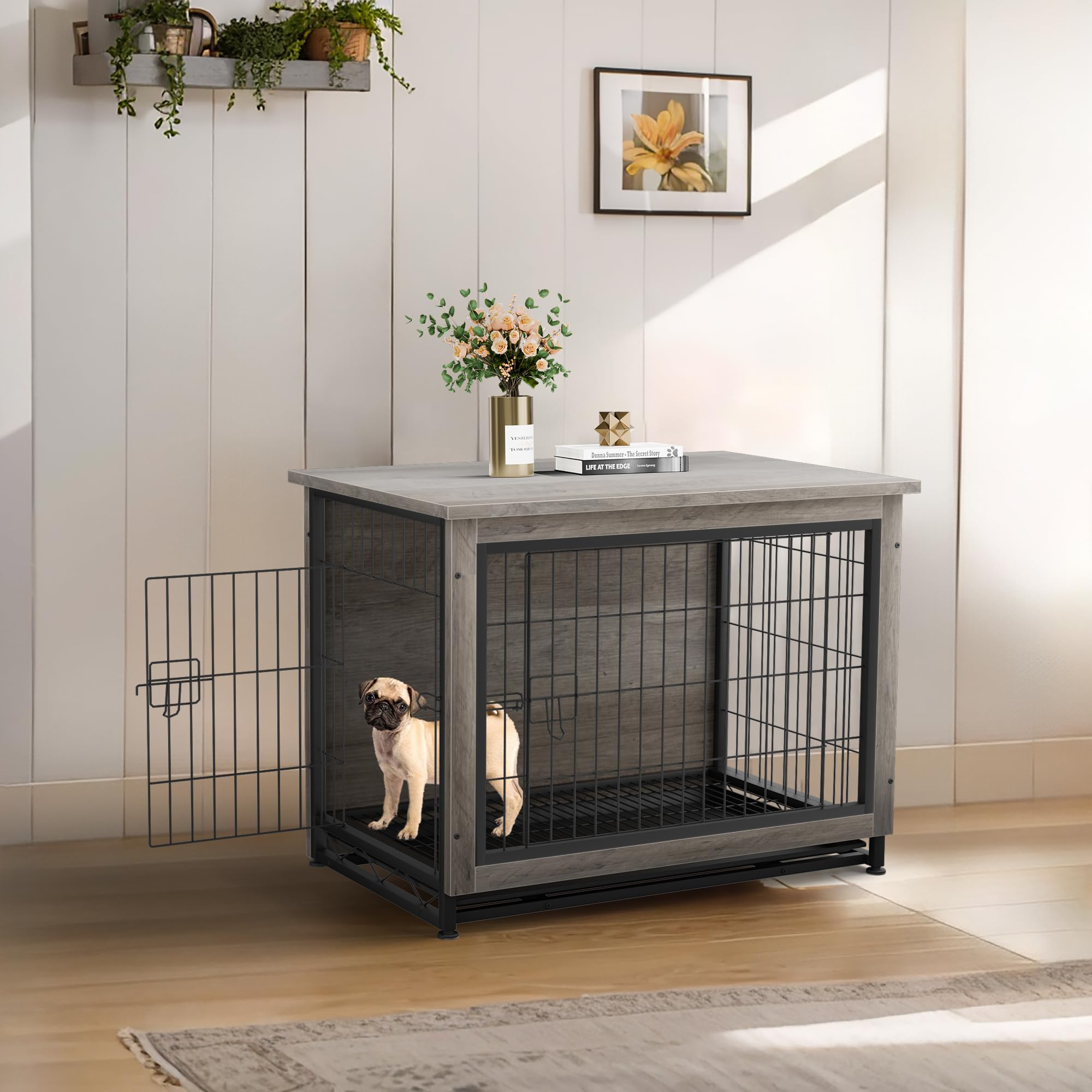Premium Wooden Dog Crate Furniture with Double Doors - Indoor Kennel Cage for Small to Medium Dogs - Stylish Grey Pet Crate Table for Living Room, Bedroom & Home Decor