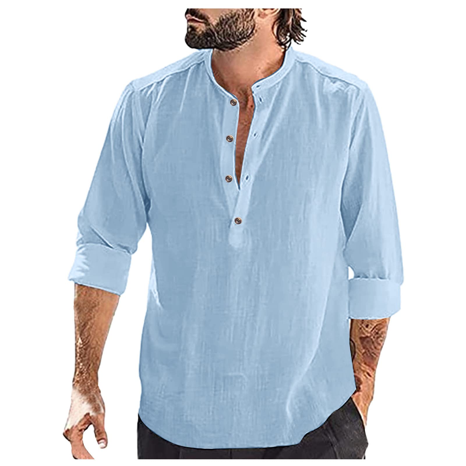 Ymosrh Men's Long Sleeve Casual Shirt - Breathable Cotton Linen Blend, Solid Color Loose Fit Stand Collar T-Shirt | Perfect for Office, Travel & Everyday Wear
