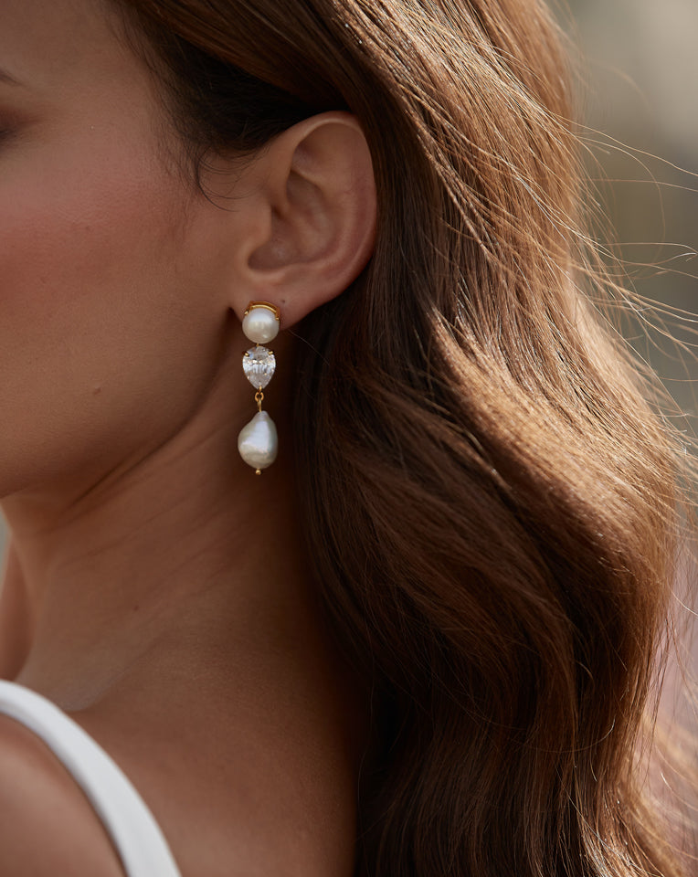 Elegant Wedding Earrings for Women - Modern Statement Pearl & Pear Crystal Drop Dangle Earrings by Celine Lola Knight | Perfect for Bridal, Prom, Evening Gala & Special Occasions