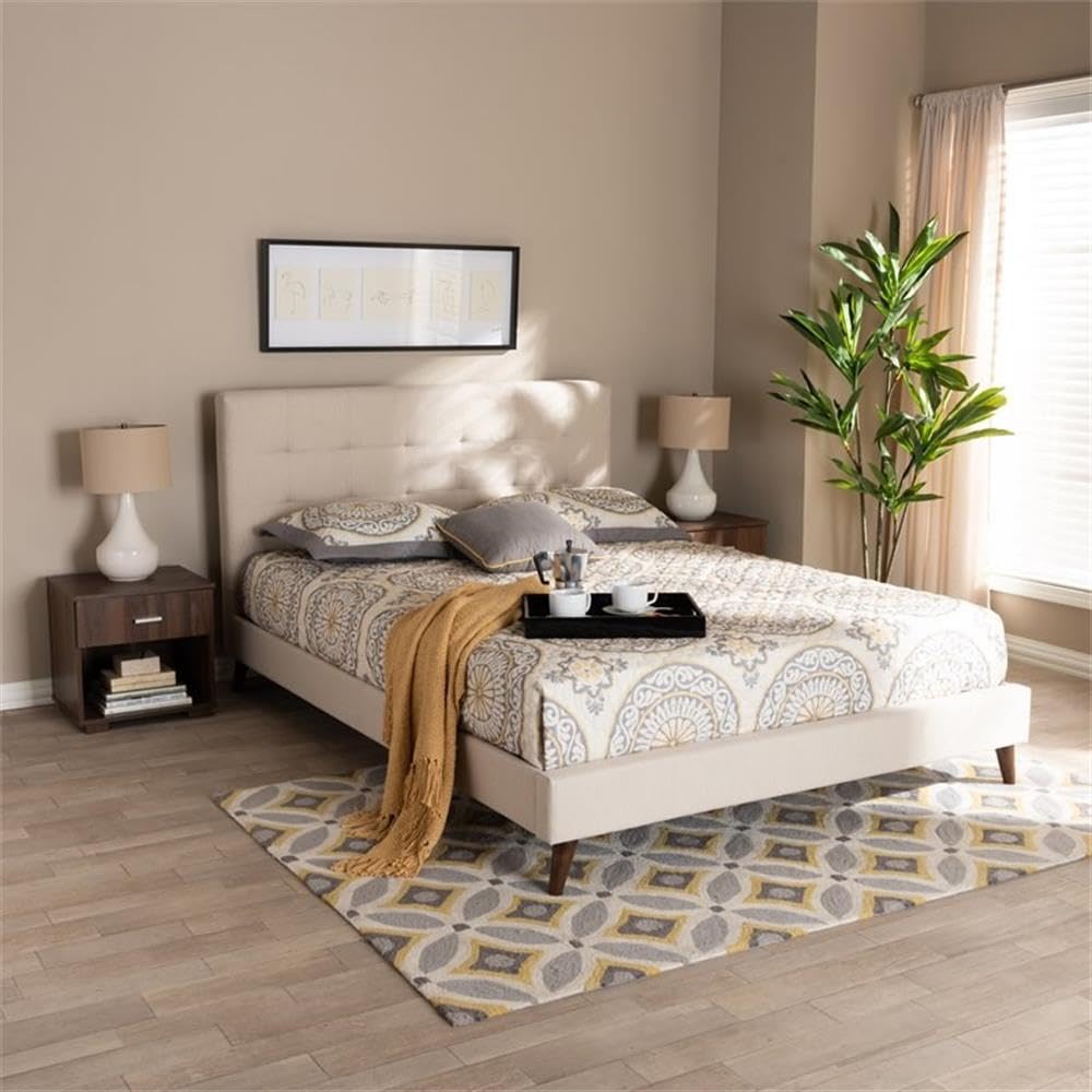 BOWERY HILL Queen Size Beige Platform Bed Frame with 2 Nightstands - Modern Minimalist Bedroom Furniture Set for Small Spaces & Guest Rooms