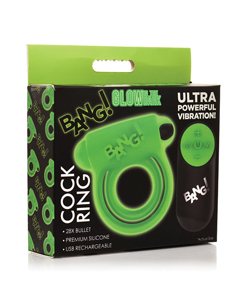 28X Glow in The Dark Rechargeable Silicone Cock Ring with Remote Control - Green | Waterproof & Stretchy Pleasure Ring for Couples | Perfect for Nighttime Play & Enhanced Sensation
