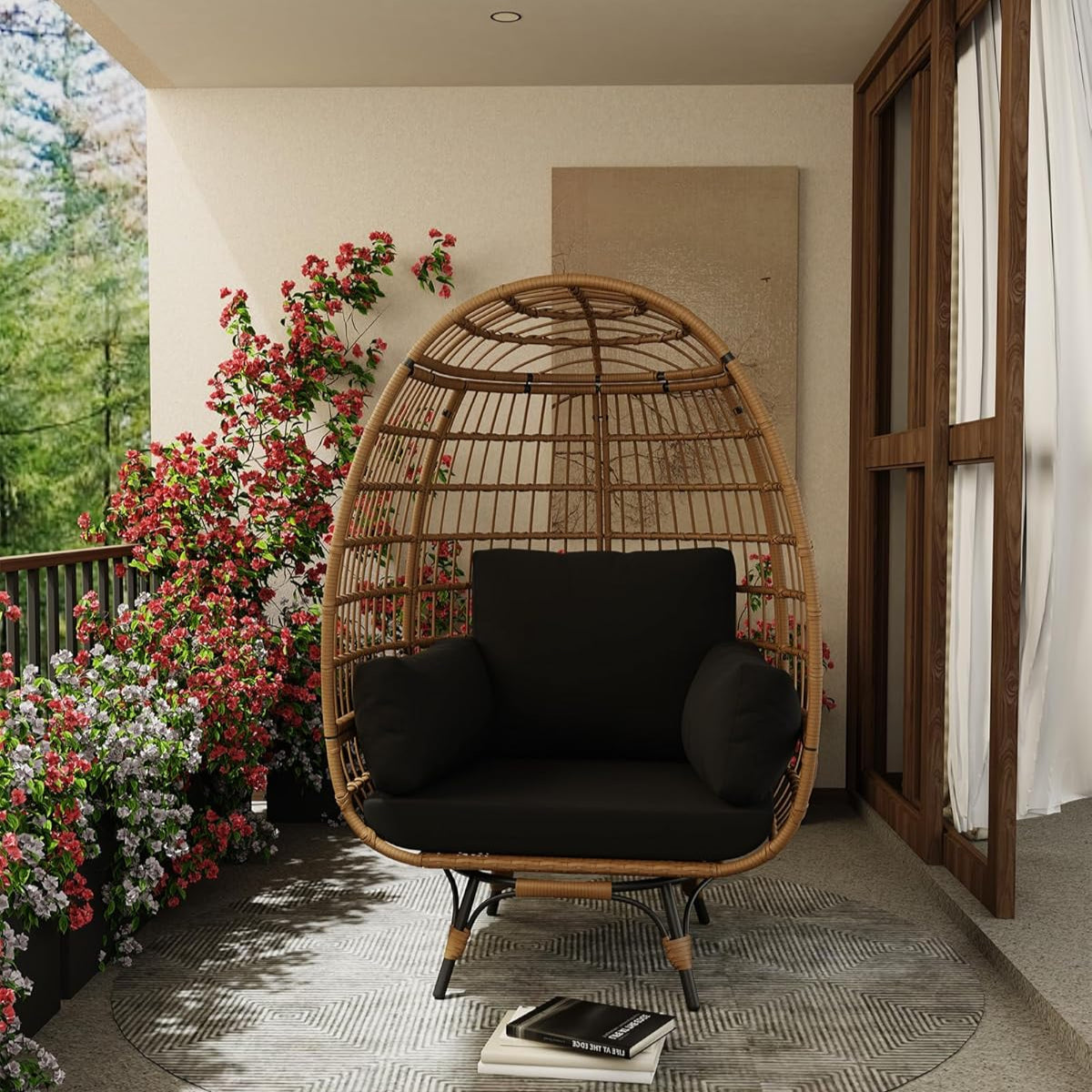 GARVEE 360° Swivel Egg Chair - Oversized Rotating PE Rattan Patio Chair with Steel Frame & Waterproof Design for Indoor Outdoor Use - Perfect for Living Room, Backyard, Garden & Poolside Relaxation (Black)