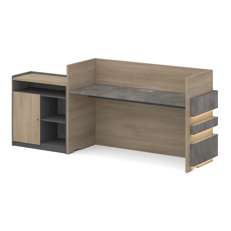 Premium KERAN 8ft Reception Desk with Right Panel - Acacia Wood & Carbon Grey Finish for Office, Hotel, and Corporate Lobby Use