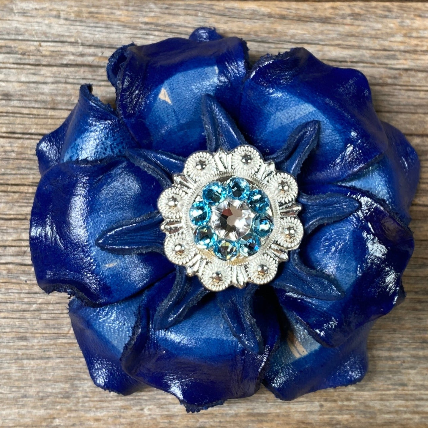 Blue Gardenia Leather Flowers with Crystal Conchos - Western Style Floral Decor for Home, Wedding, and Cowboy Hat Accessories