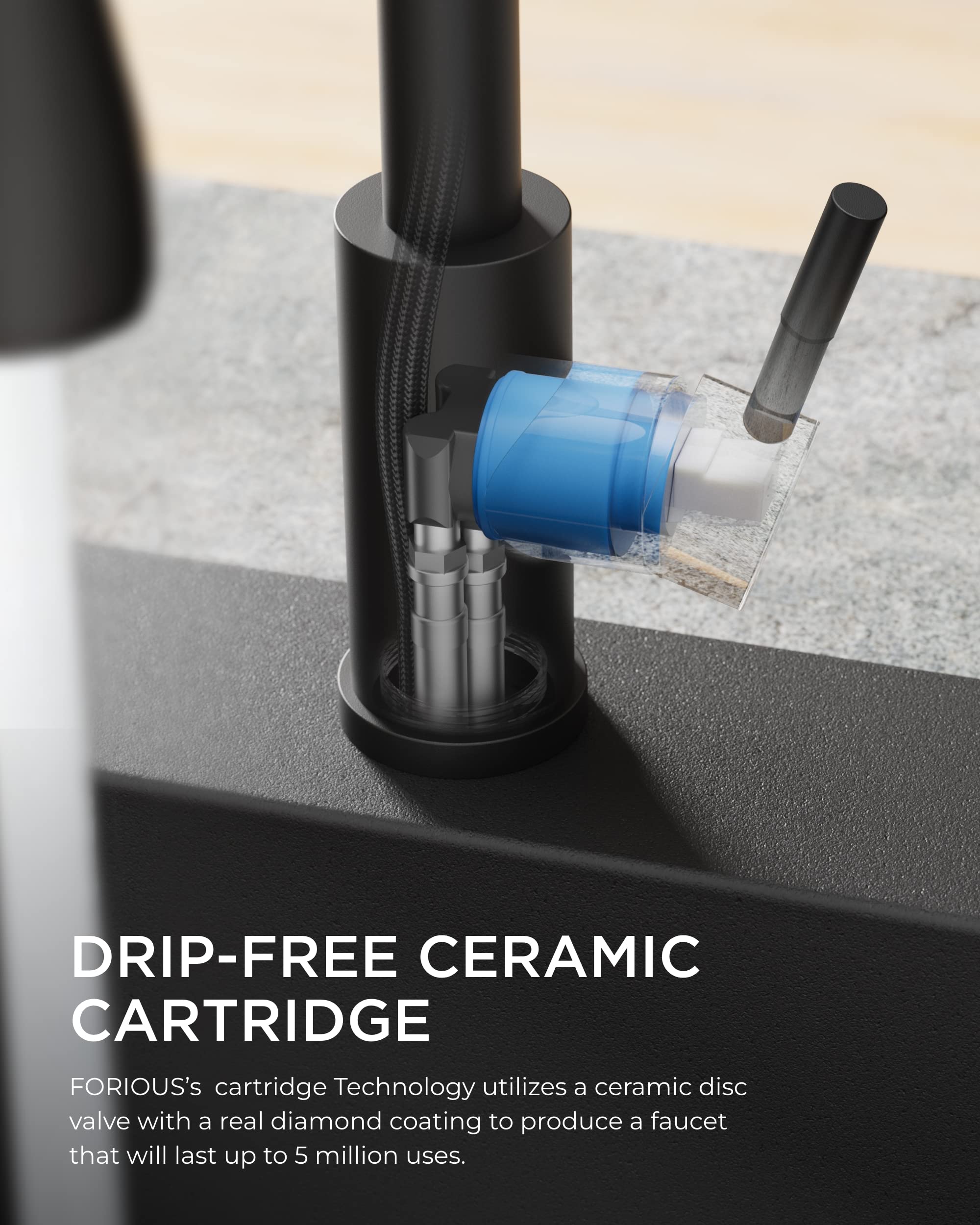FORIOUS Black Stainless Steel Kitchen Faucet with Pull Down Sprayer - High Arc Single Handle Sink Faucet for 1 or 3 Hole Installation | Perfect for Farmhouse, RV, Camper, Laundry & Bar Sinks (Modern Water-Saving Design)