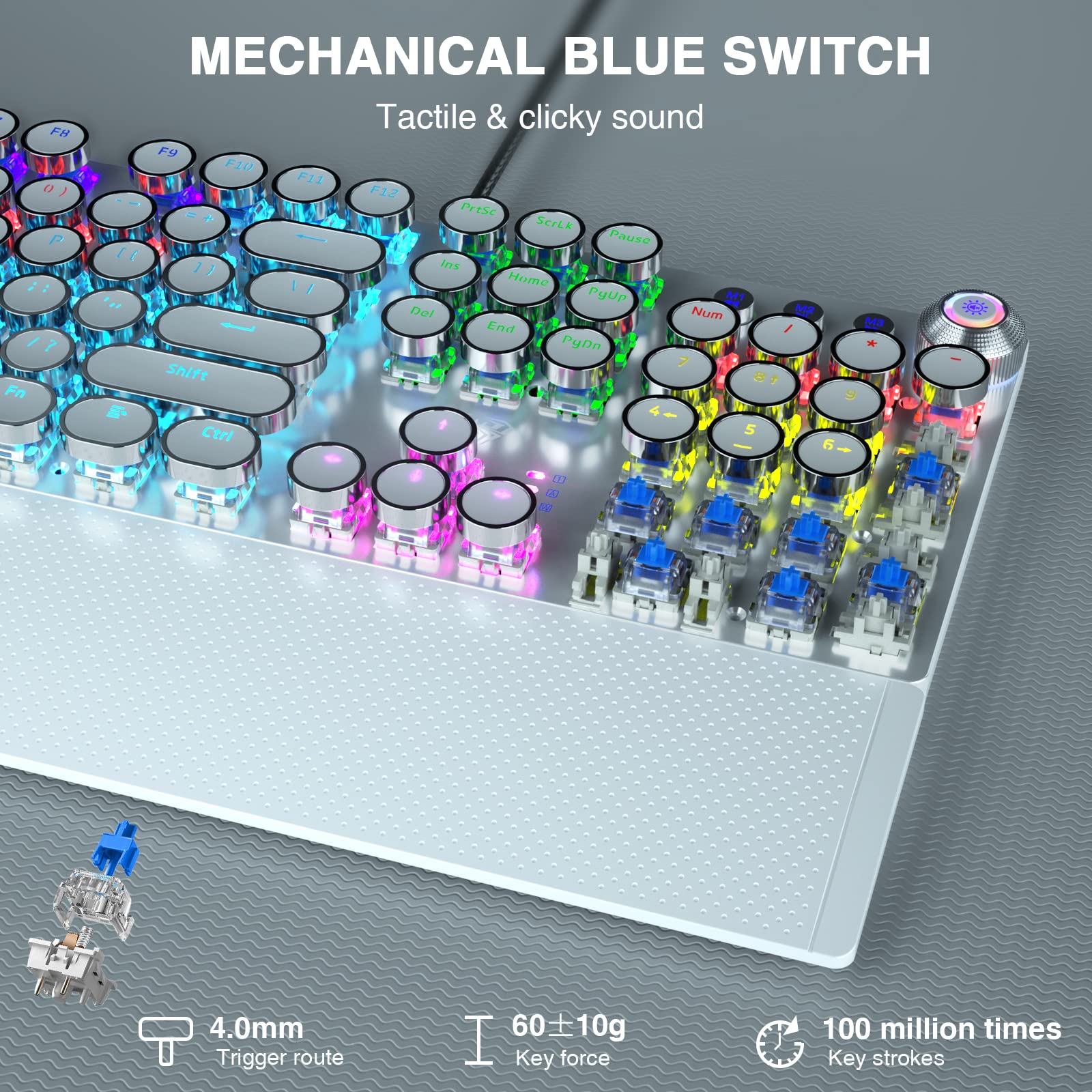 AULA F2088 Retro Mechanical Gaming Keyboard - Blue Switches, Removable Wrist Rest, RGB Backlit, Round Keycaps, 108 Keys Wired USB (White) - Perfect for Typing, Gaming & Office Work