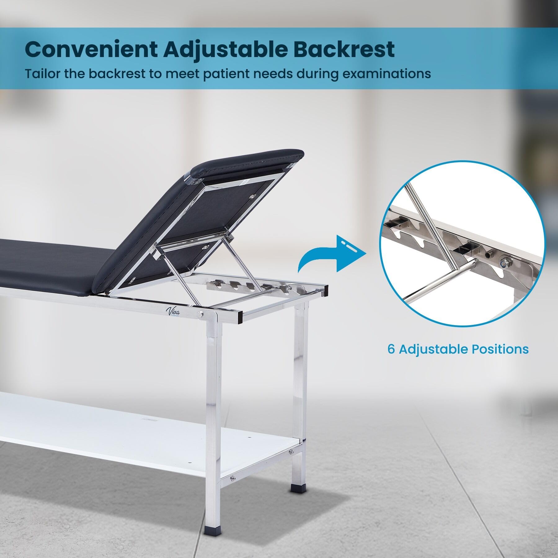 AdirMed VivaComfort Adjustable Medical Exam Table with Foldable Legs & Storage Shelf - Black - Perfect for Clinics, Hospitals & Home Health Care