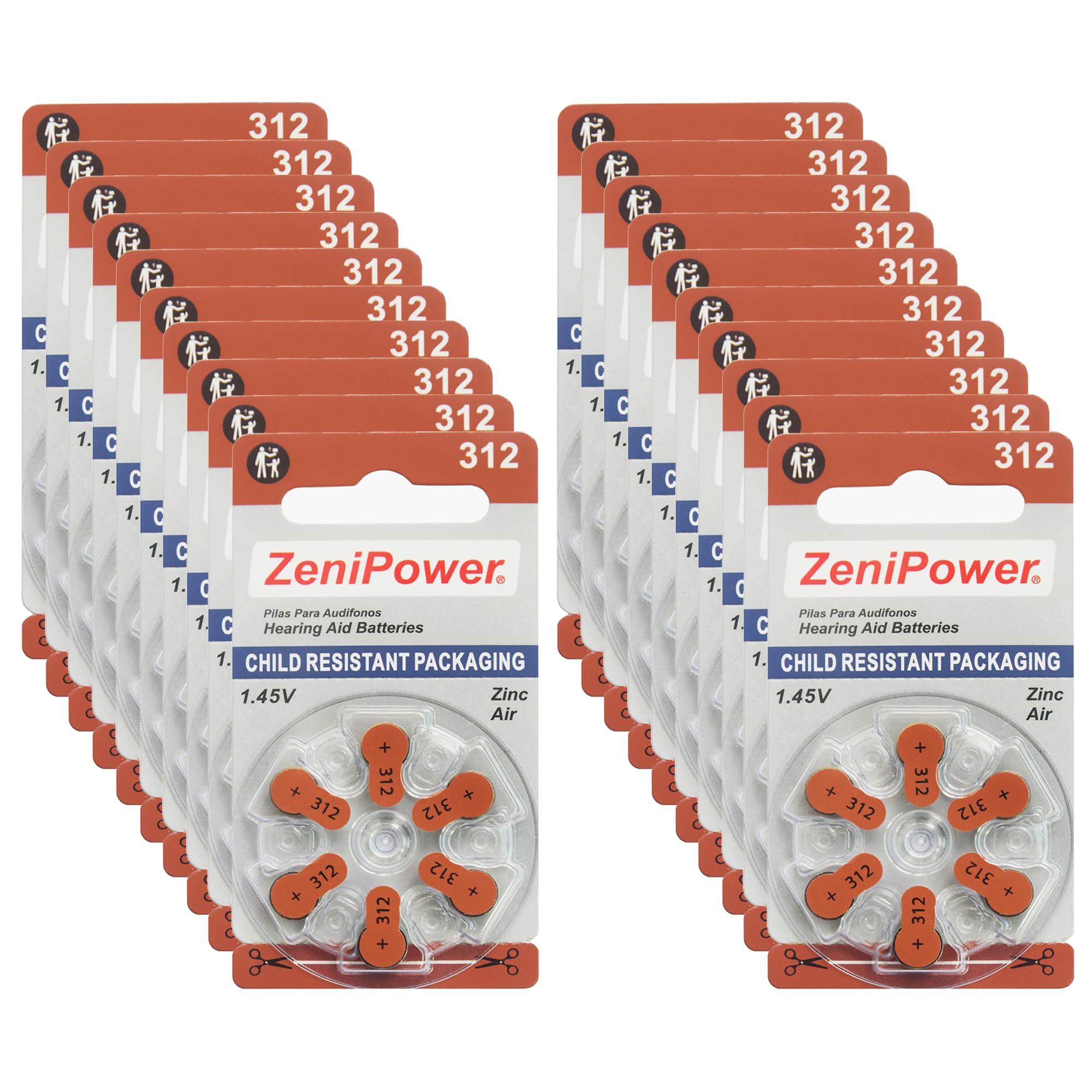 Size 312 Mercury-Free 1.45V Zinc Air Hearing Aid Batteries (120 Pack) - Long-Lasting Power for Hearing Aids, Cochlear Implants & Assistive Listening Devices