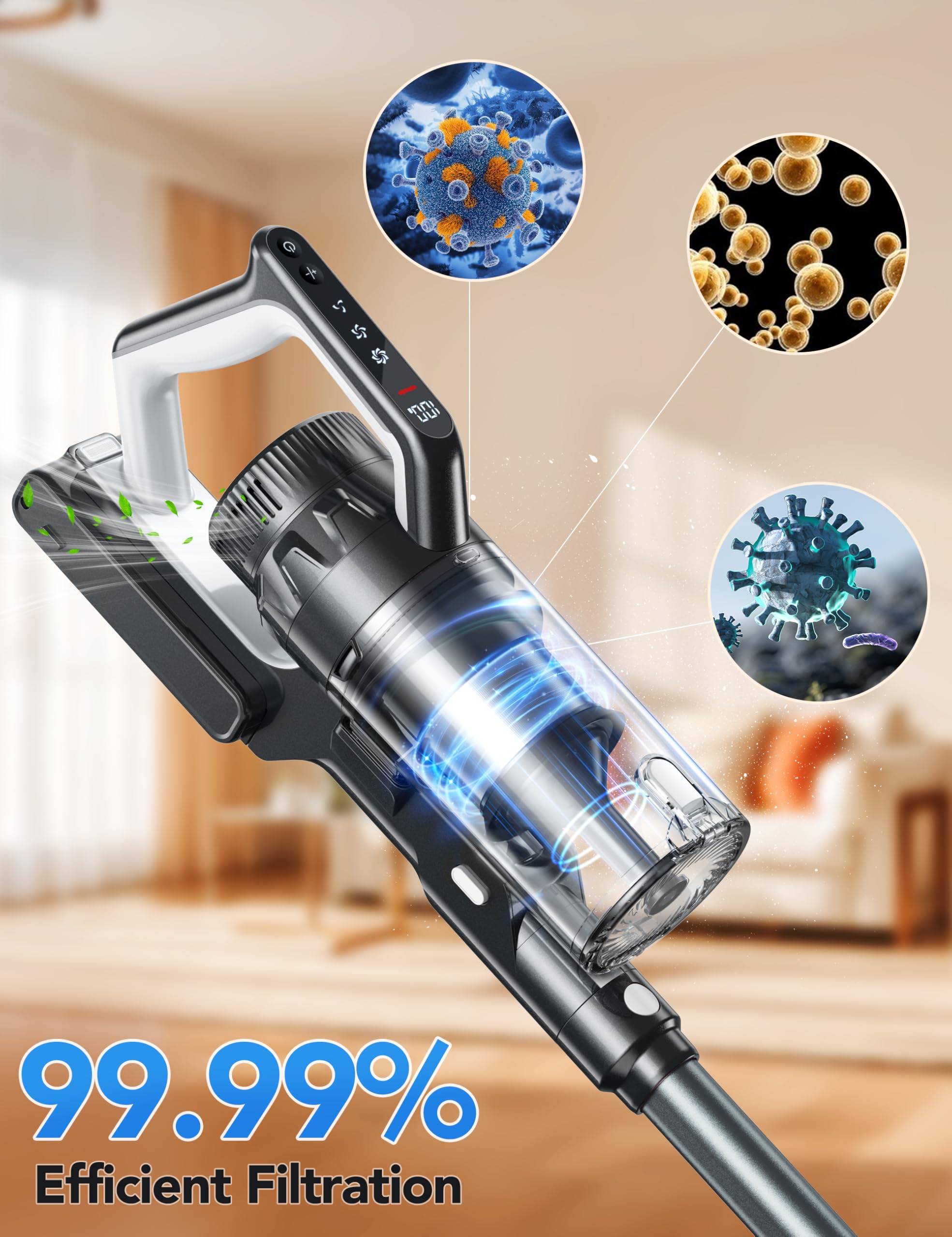 23000Pa Powerful Cordless Vacuum Cleaner Rechargeable - XL Dust Cup, LED Headlights, 45min Runtime, 3 Modes - Lightweight Stick Vac for Carpet, Hardwood Floors & Pet Hair (Black) | Perfect for Home Cleaning, Car Detailing & Pet Owners