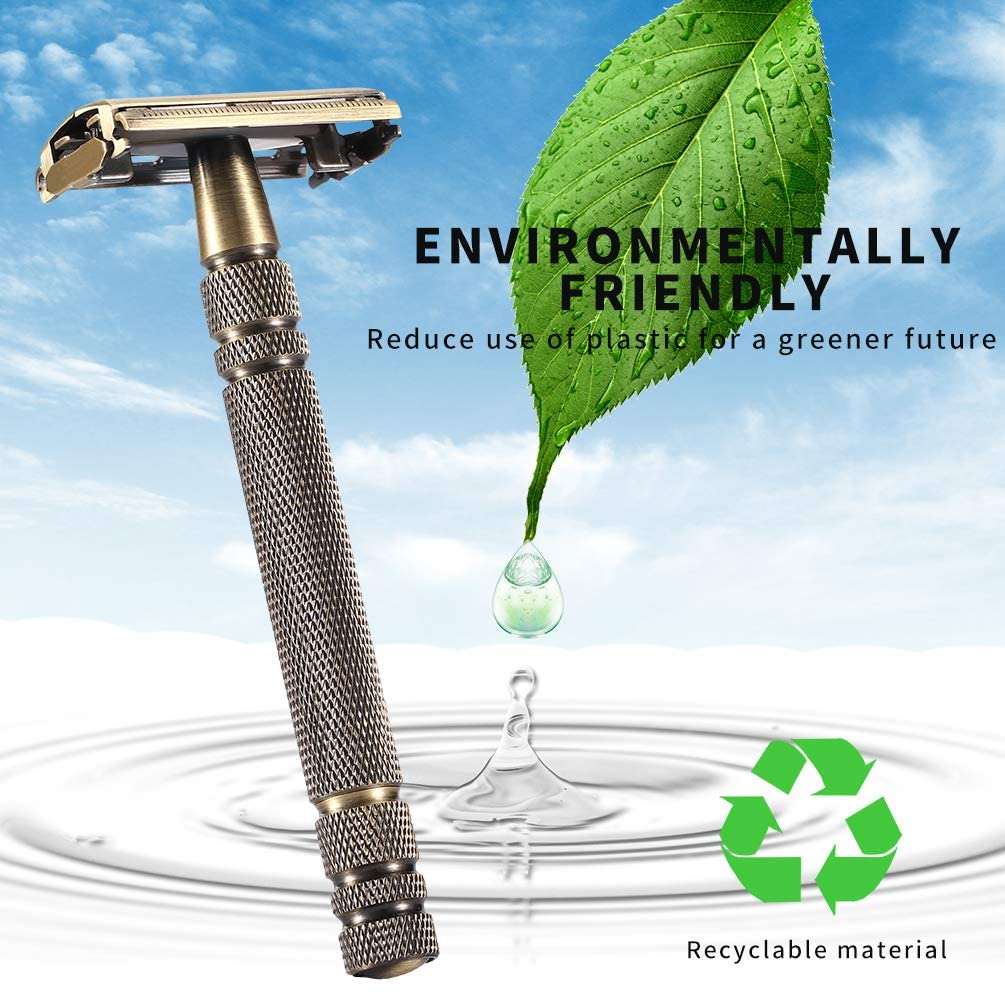 Premium Double Edge Safety Razor for Men & Women - Classic Butterfly Open Design with Bronze Long Handle & 5 Stainless Steel Blades | Reusable Metal Brass Manual Shaver with Close Comb | Perfect for Wet Shaving, Travel & Gift Giving