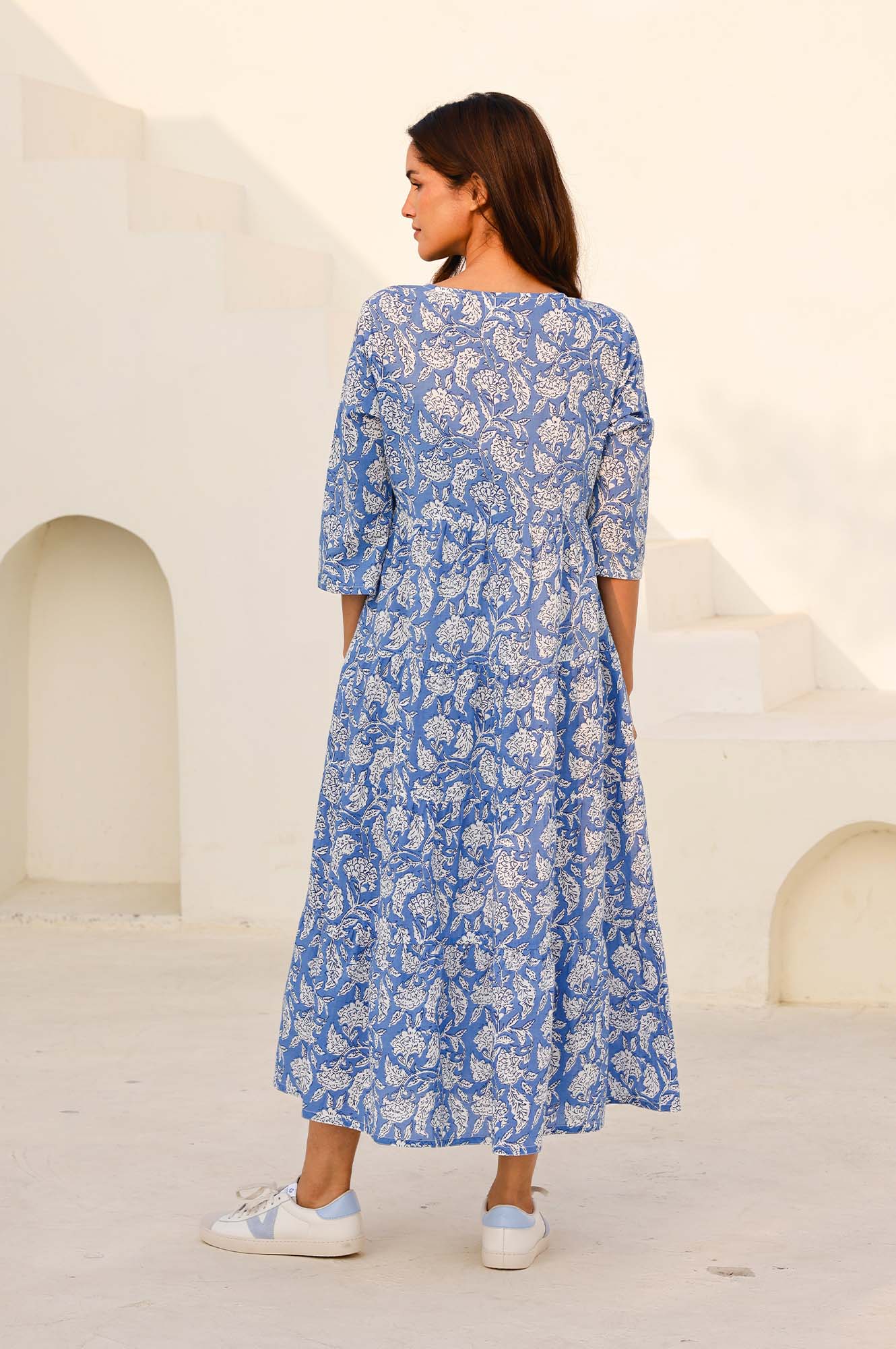 Emma Organic Cotton Dress for Women - Soft & Breathable Blue/White Floral Print - Perfect for Summer Outings & Casual Wear