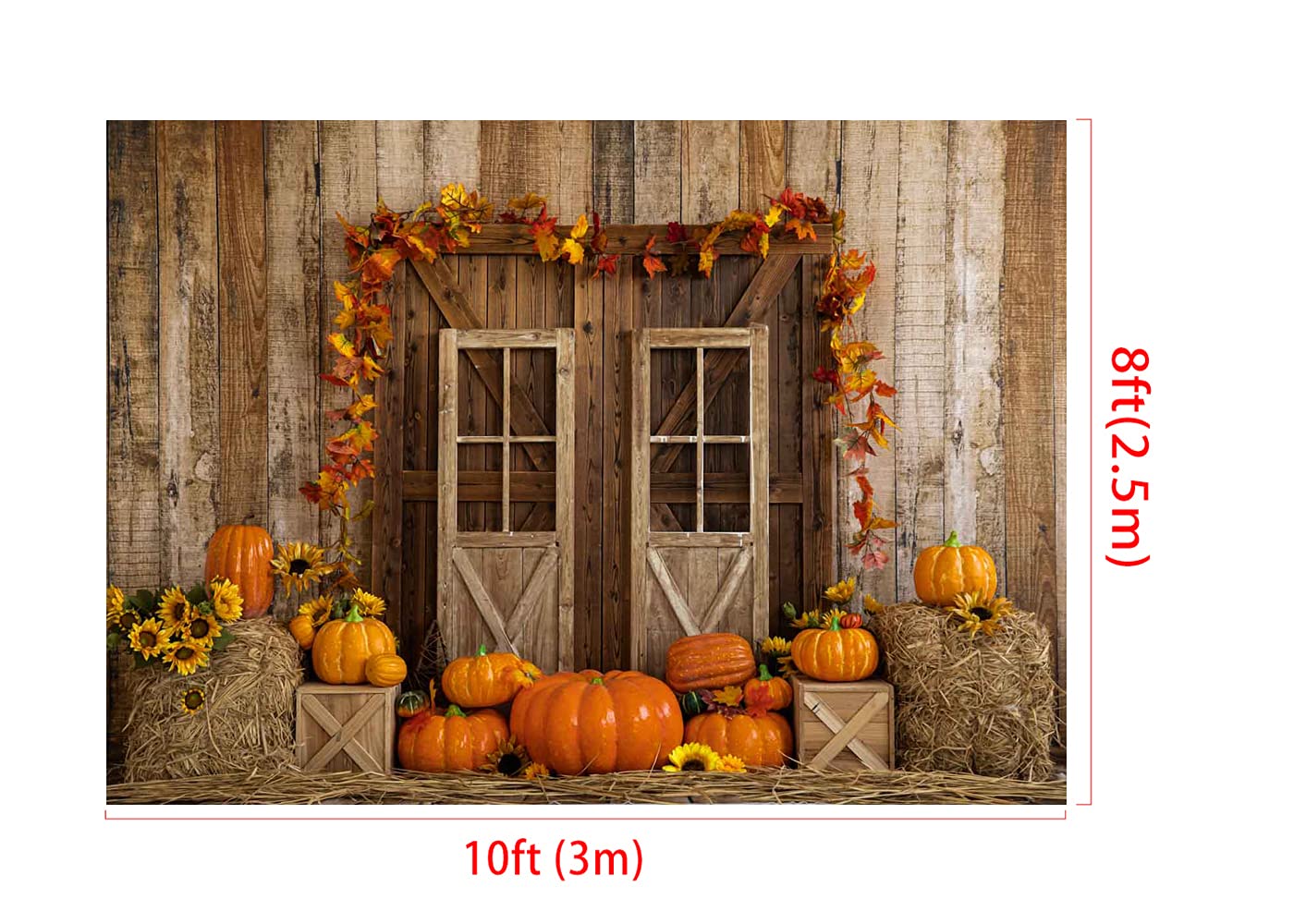 Kate Thanksgiving Backdrop - 10x8ft Pumpkin Barn Door Autumn Photography Background for Fall Photo Shoots | Perfect for Thanksgiving Decor, Family Portraits & Seasonal Events