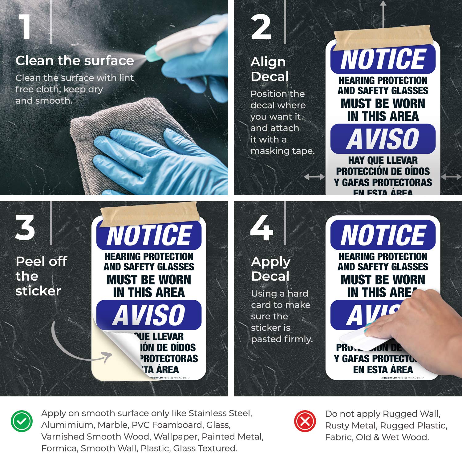 OSHA Compliant Bilingual Safety Sign - Hearing Protection & Safety Glasses Required in This Area | 10x7 Inch Durable 4 Mil Vinyl Decal | Weatherproof & UV Resistant | Made in USA | Ideal for Construction Sites, Factories & Work Zones