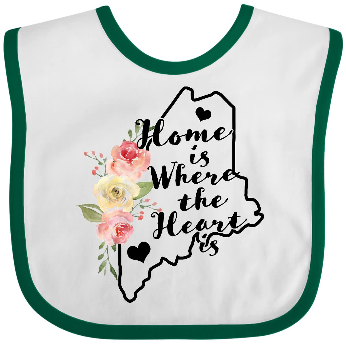 Inktastic Maine Home Is Where the Heart Is Watercolor Floral Baby Bib - Soft Cotton Drool Bib for Infants, Cute Unisex Newborn Gift for Baby Showers, Feeding & Playtime