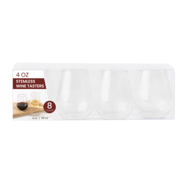 4 oz. Clear Stemless Wine Glasses - Set of 8 Shatterproof Plastic Cups for Parties, Weddings & Outdoor Events - Dishwasher Safe Drinkware for Champagne, Cocktails & Beverages