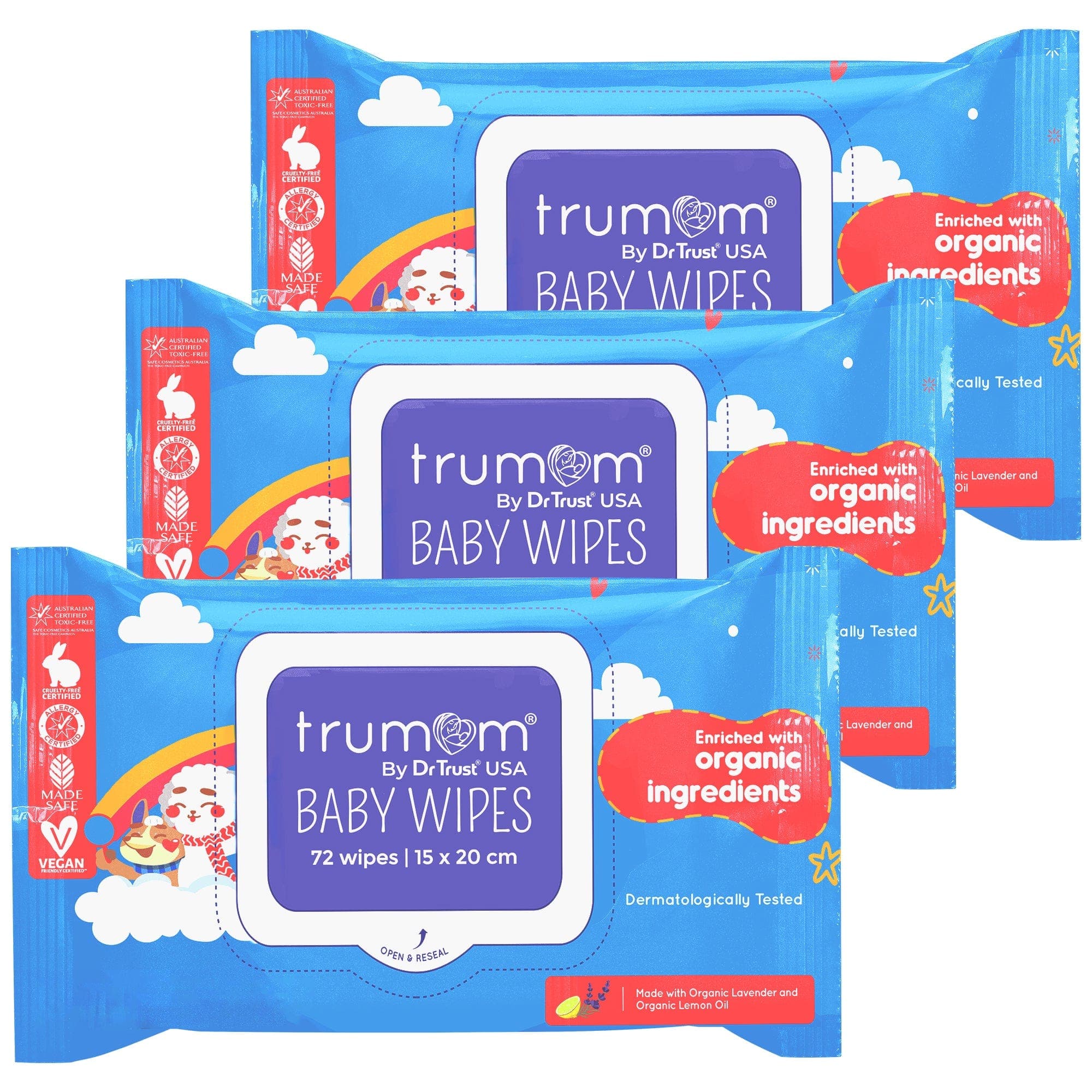 Organic Baby Wipes by Trumom USA - 3-Pack | Hypoallergenic, Chemical-Free & Safe Certified | Gentle for Newborns & Sensitive Skin | Perfect for Diaper Changes, On-the-Go Cleaning & Baby Care Essentials