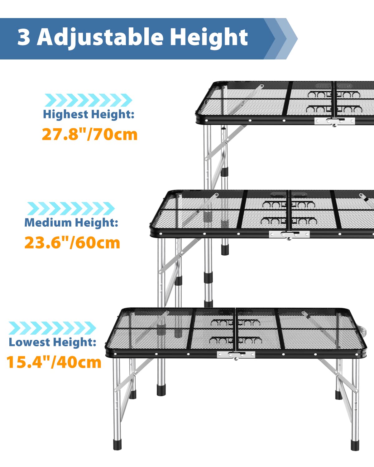 **Sportneer Adjustable Height Folding Camping Table - Lightweight Aluminum Portable Grill Table with 2 Hooks for Outdoor, BBQ, Picnic, RV & Backpacking - Perfect for Cooking, Tailgating & Beach Trips (Black)**