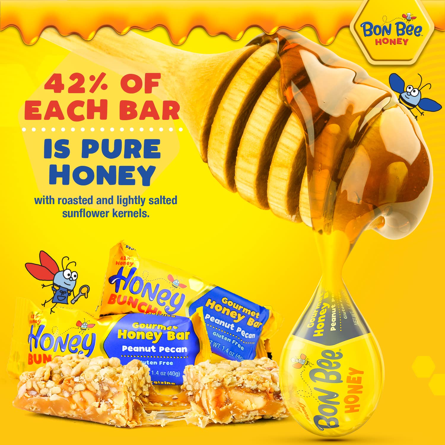BON BEE Honey Bars - Natural Energy Snacks for Breakfast & Hiking - 12 Pack