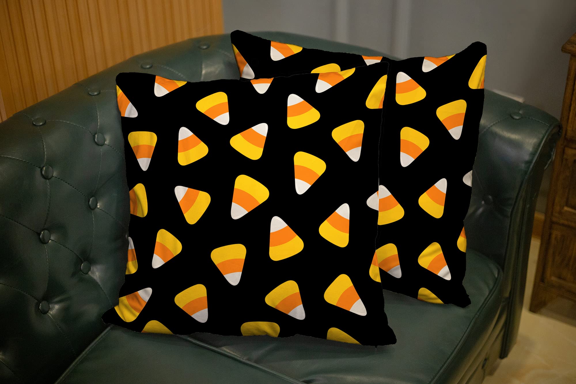 EMMTEEY Halloween Throw Pillow Covers Set of 2 - 16x16 Inch Candy Corn Print Decorative Pillowcases for Couch, Sofa, Bedroom - Spooky Holiday Home Decor for Halloween Party & Fall Season
