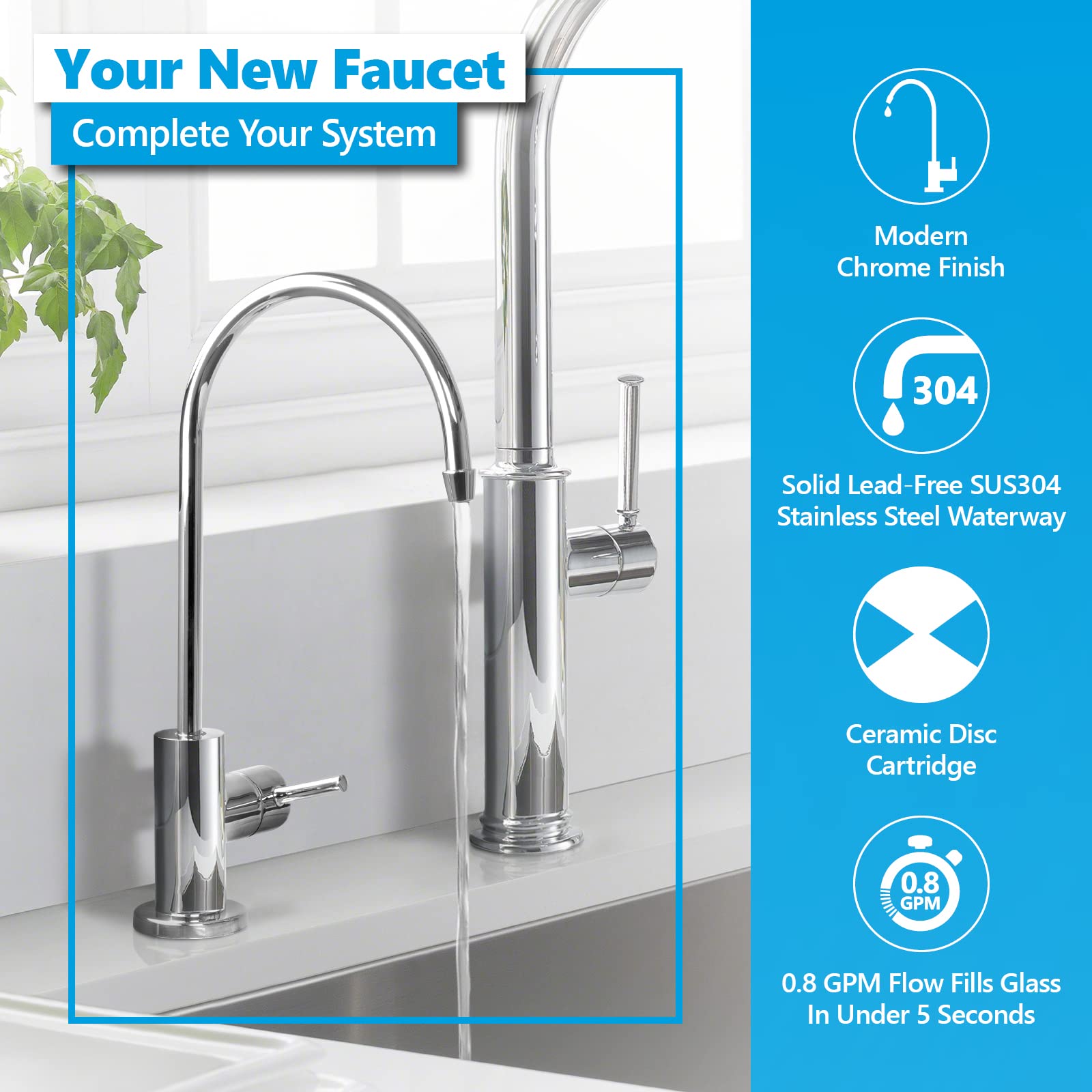 Express Water Modern Chrome Water Filter Faucet - Reverse Osmosis Drinking Water Filtration System - Kitchen Sink & Beverage Faucet for Clean, Safe Water - Perfect for Home, Office, and RV Use
