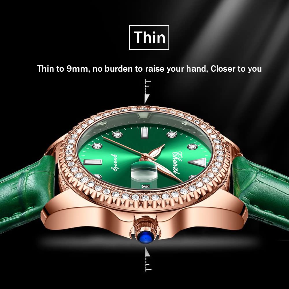 Luxury Green Iced Out Women's Watch - Quartz Movement, Crystal Rhinestone Diamond, Leather Strap | Elegant Wristwatch for Women | Perfect for Parties, Weddings & Special Occasions