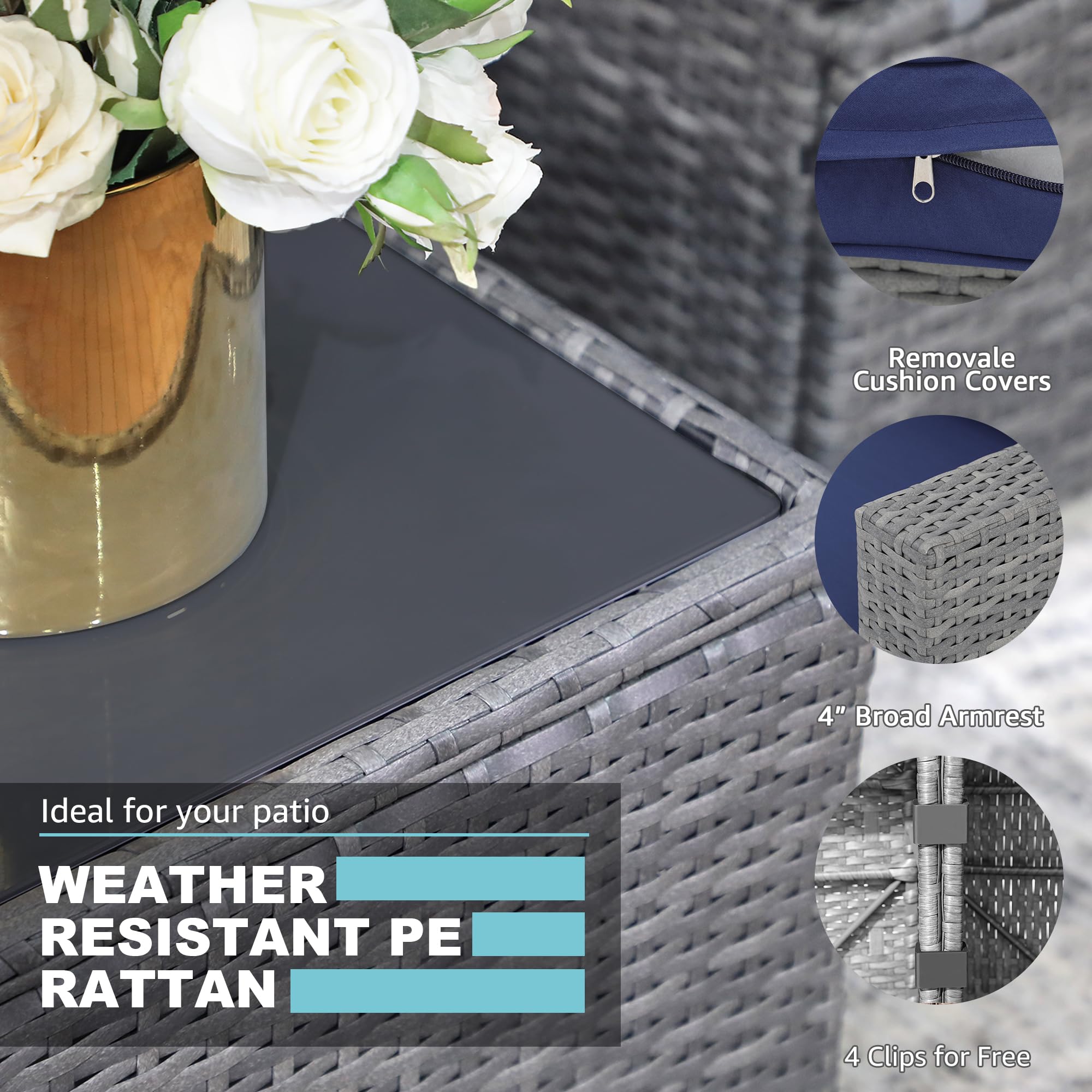 **All-Weather Grey PE Rattan Outdoor Wicker Loveseat 2-Piece Set with Navy Blue Cushions – Patiorama Corner Sofa for Patio, Garden, or Poolside Relaxation**