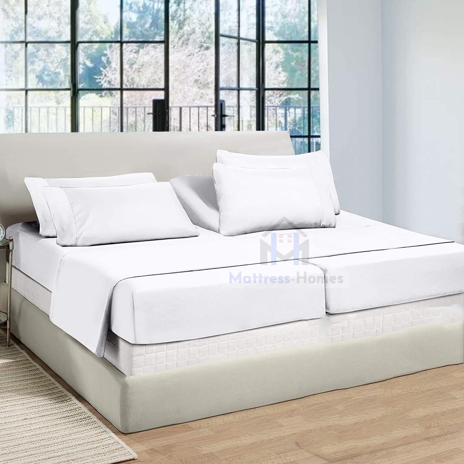 Split King Sheets Set - 7 Piece 100% Long Staple Cotton 600 Thread Count for Adjustable Beds | Ultra Soft Combed Cotton Bedding | Perfect for Adjustable Beds, Sleep Number Beds & Split King Mattresses | White Solid Color