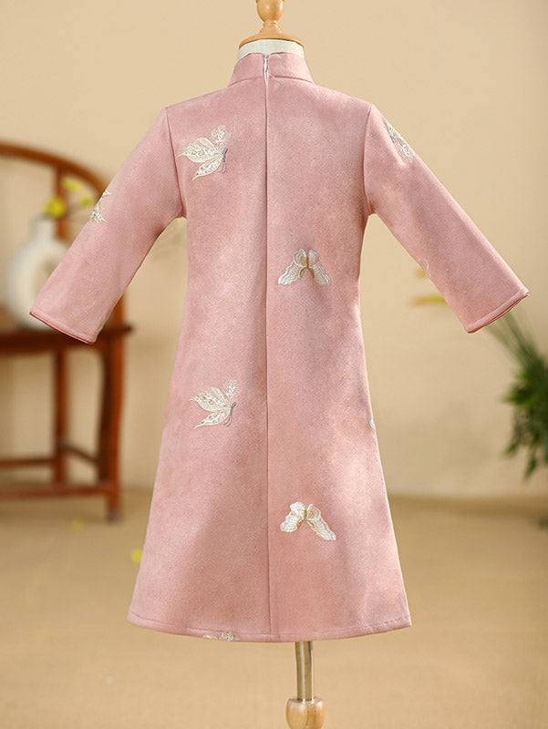 Pink Embroidered Suede Qipao Dress for Girls with Pockets - Traditional Chinese Cheongsam Outfit for Kids Birthday, Party & Special Occasions