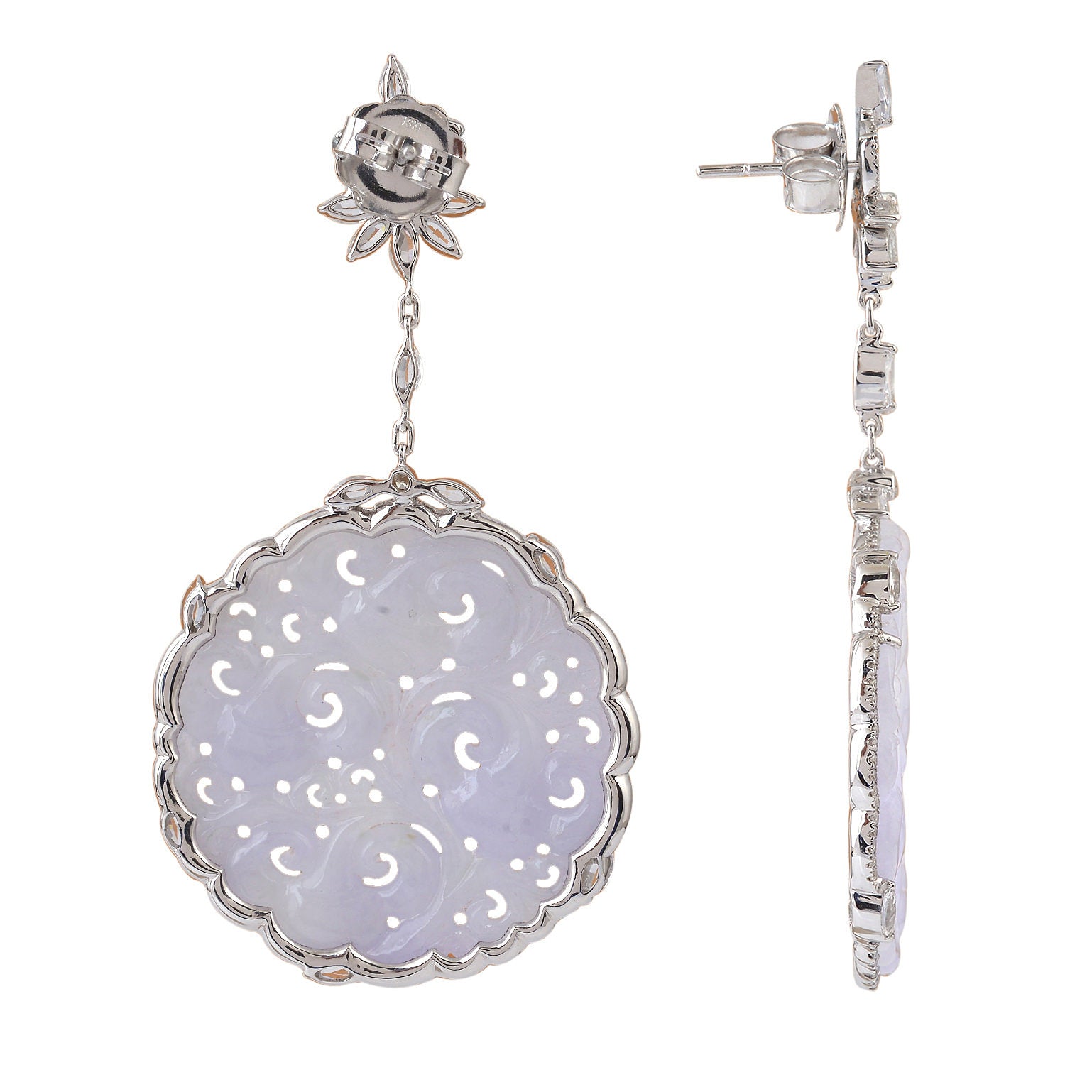 Exquisite Hand-Carved Filigree Jade & White Sapphire Pave Diamond Dangle Earrings in 18K White Gold | Luxury Bridal Jewelry & Evening Wear Accessories