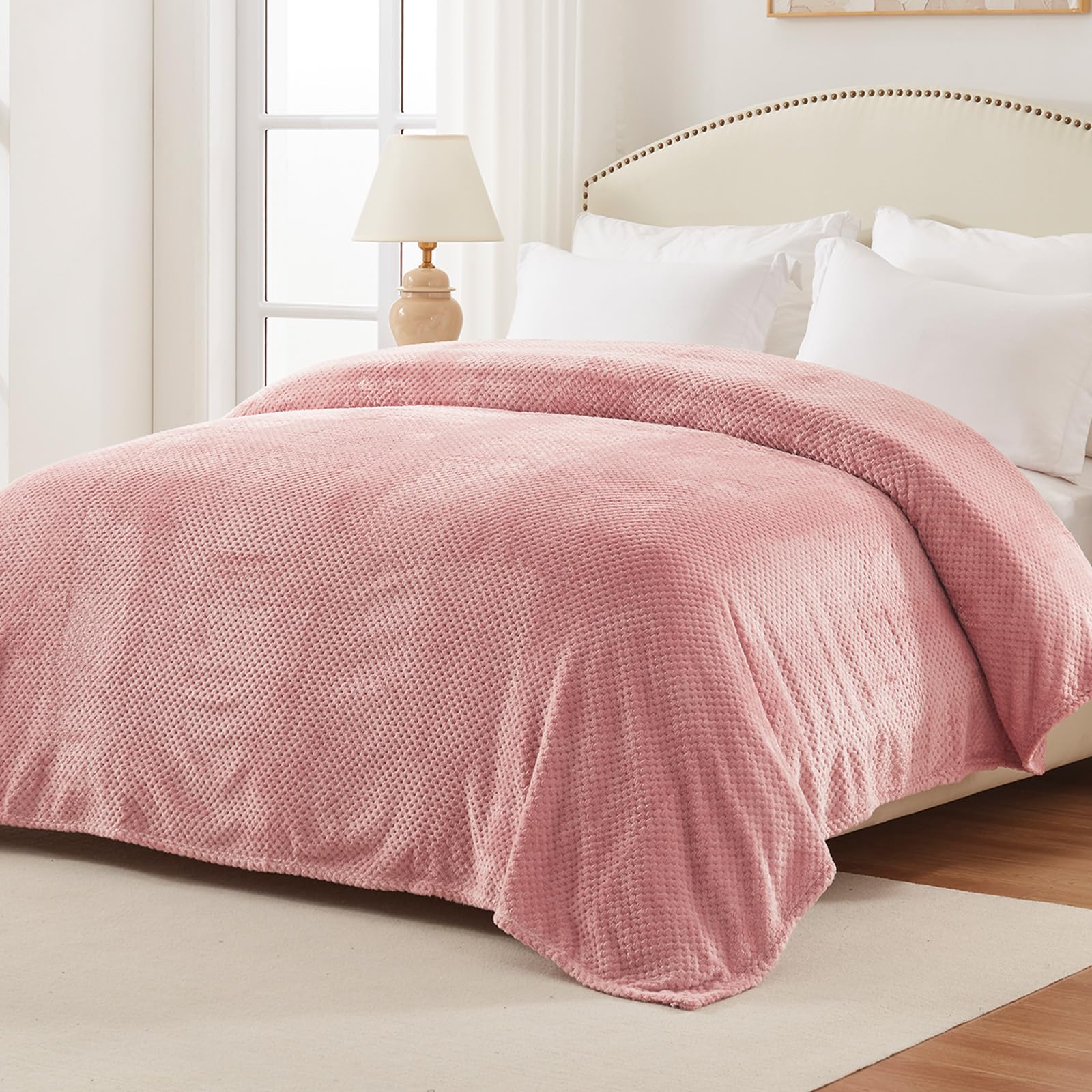 Premium King Size Fleece Blend Bed Blanket - Ultra Soft & Warm Waffle Textured Throw for Couch, Sofa & Bed | Cozy, Lightweight & Fuzzy (Dusty Pink, 90x104 Inches) - Perfect for Winter Nights, Movie Time & Guest Rooms