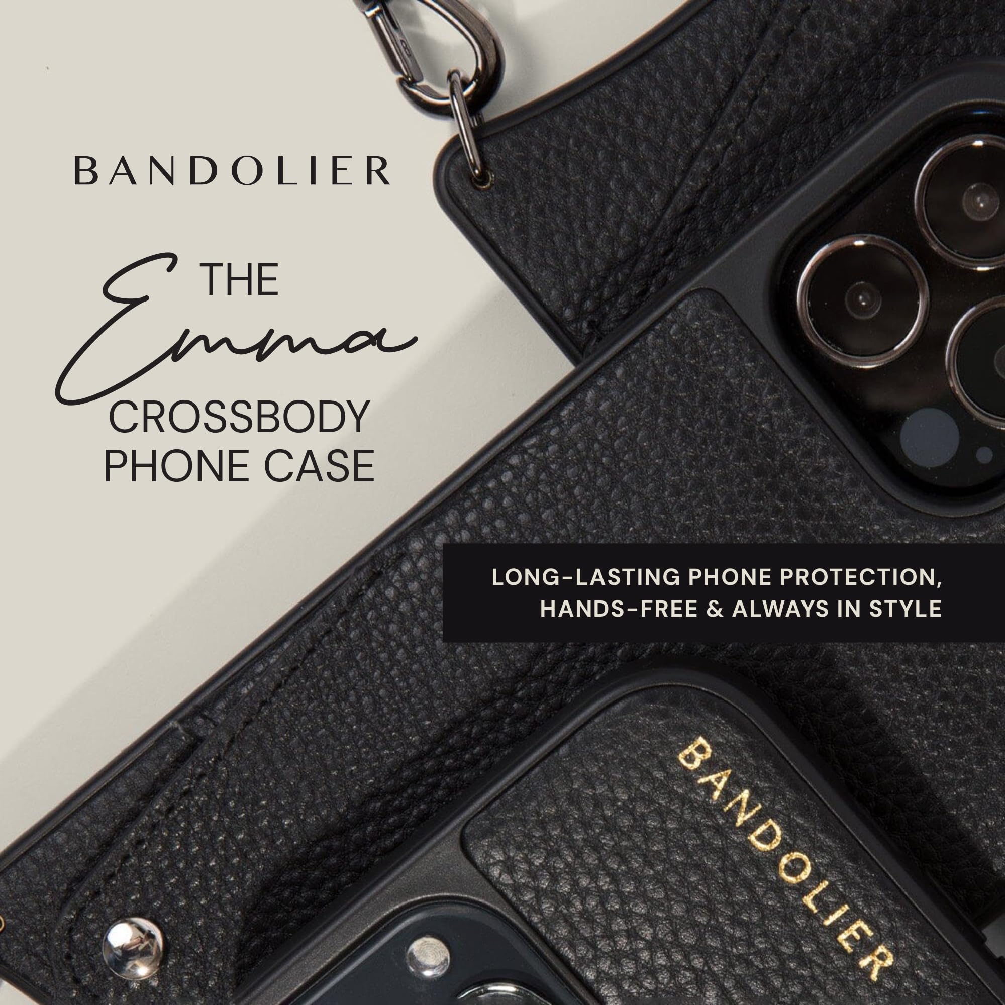 **Genuine Pebble Leather Bandolier Emma Crossbody Wallet Phone Case for iPhone 16 Pro – Adjustable & Removable Strap, Card Holder with Snap Closure (Black & Pewter Hardware) – Perfect for Travel, Shopping & Everyday Use**