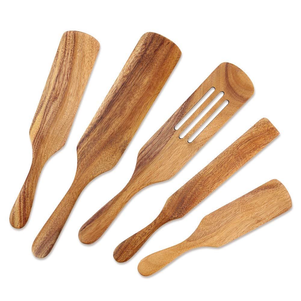 AOOSY 5-Piece Natural Acacia Wood Cooking Utensil Set - Wooden Spatula, Spurtle & Heat-Resistant Non-Stick Kitchen Tools for Stirring, Flipping & Serving - Perfect for Non-Stick Pans, Cooking Shows & Home Chefs