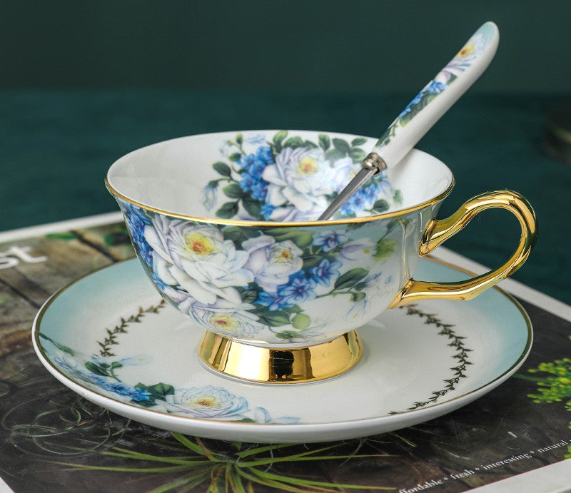 Elegant British Ceramic Coffee Cups and Tea Set with Saucer - Royal Bone China Porcelain Tea Cup Gift Box Set with Rose Flower Pattern - Perfect for Afternoon Tea, Gifts, and Home Decor