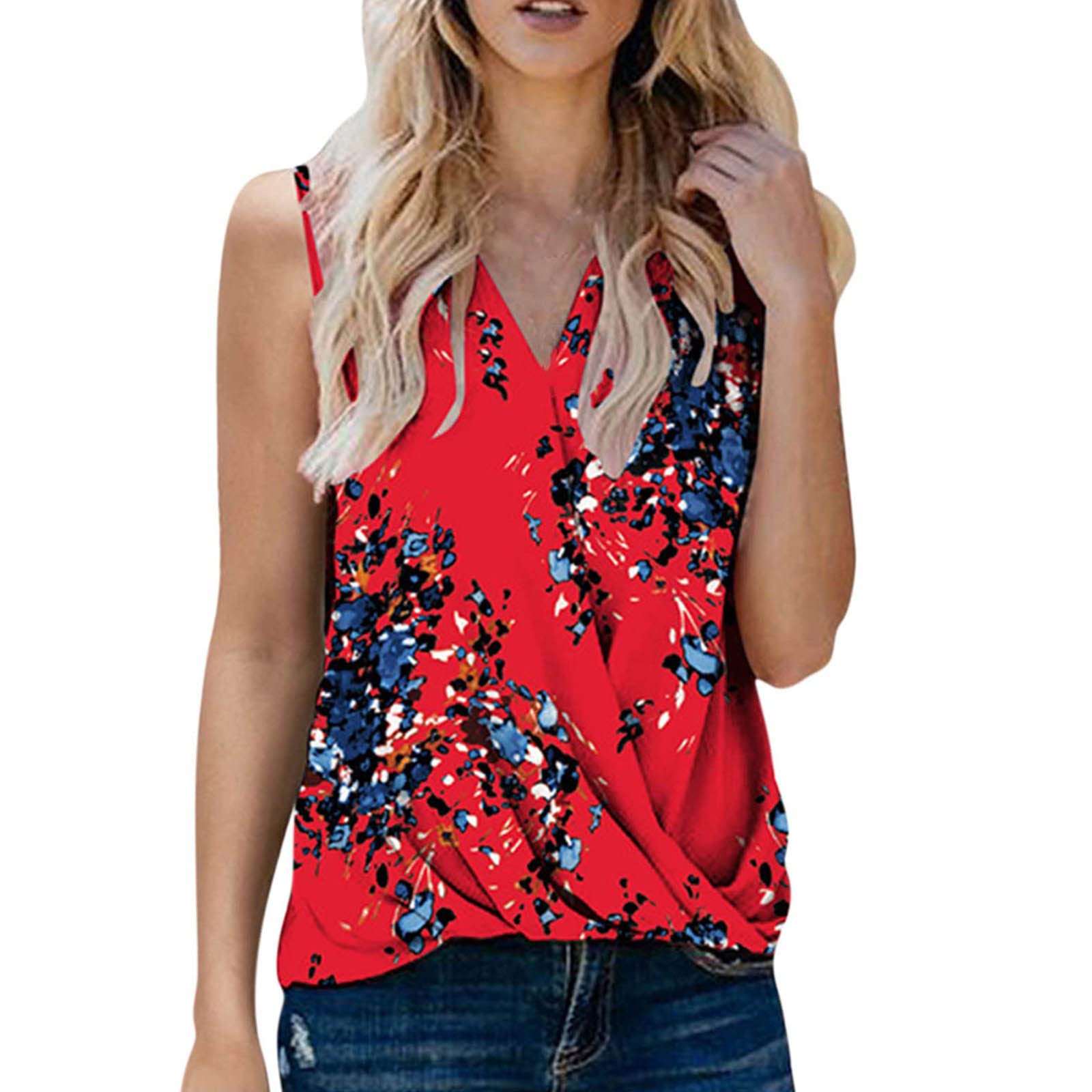 Women's Boho Floral Print Wrap V-Neck Sleeveless Tank Tops - Loose Fit Summer Fashion Tops for Casual Wear, Workout & Beach (Red, S) | Trendy Twist Front Cute T-Shirts for Women