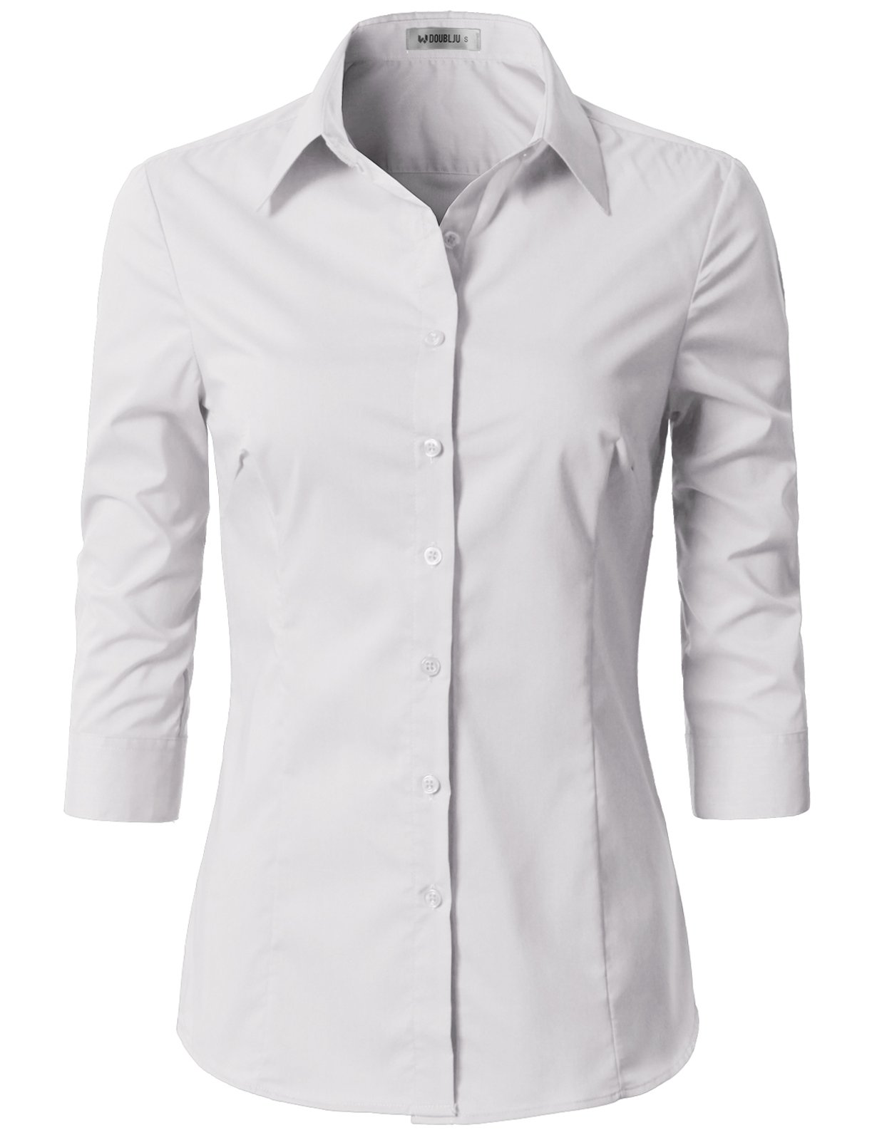 DOUBLJU Women's Basic Slim Fit 3/4 Sleeve Button Down Shirt - Casual Office Blouse, Plus Size Available - Perfect for Work, Date Night & Everyday Wear
