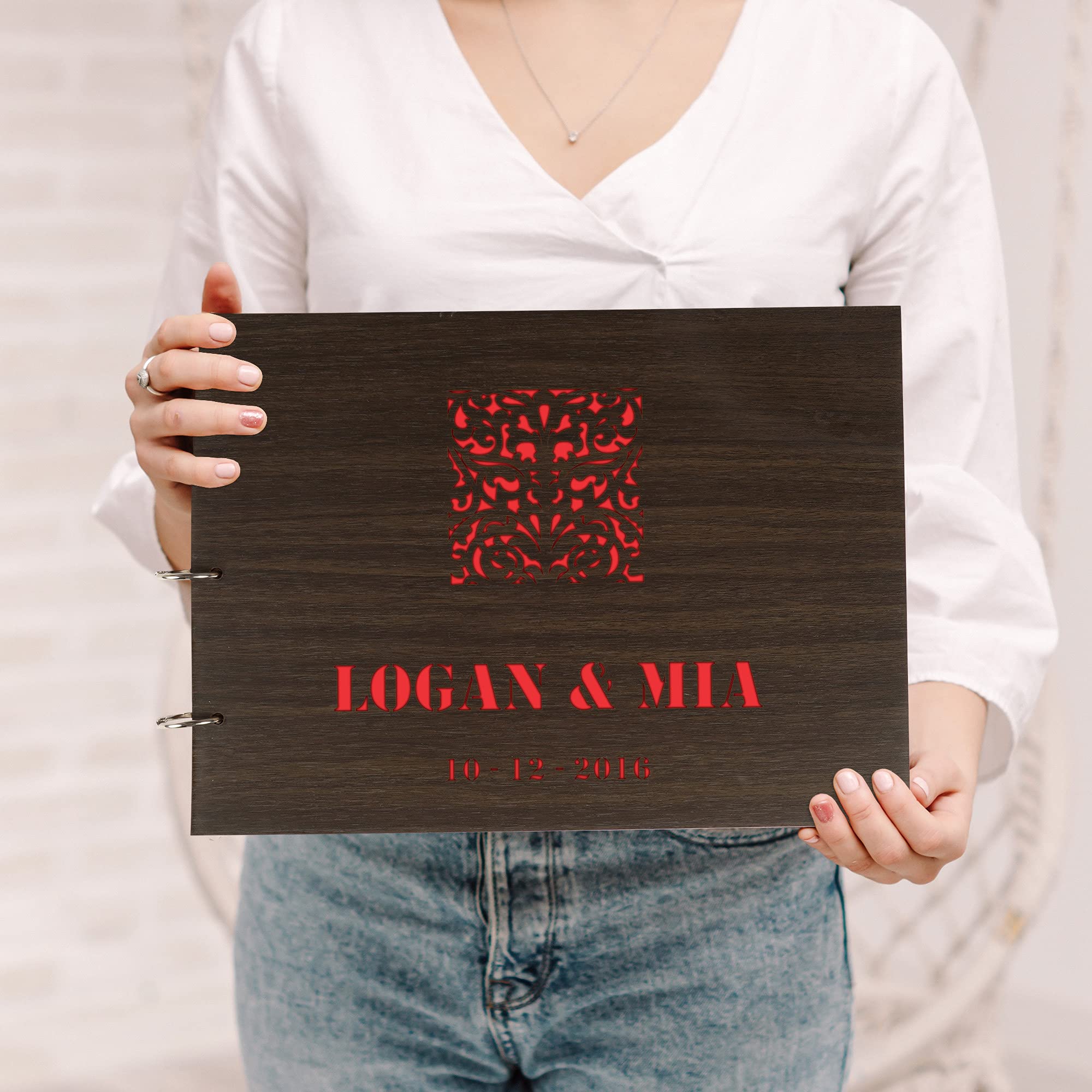 Personalized Laser Engraved Wedding Guest Book - Custom Wooden Cover Sign-in Registry for Bridal Shower, Anniversary & Special Events - Unique Keepsake Scrapbook for Couples - J7