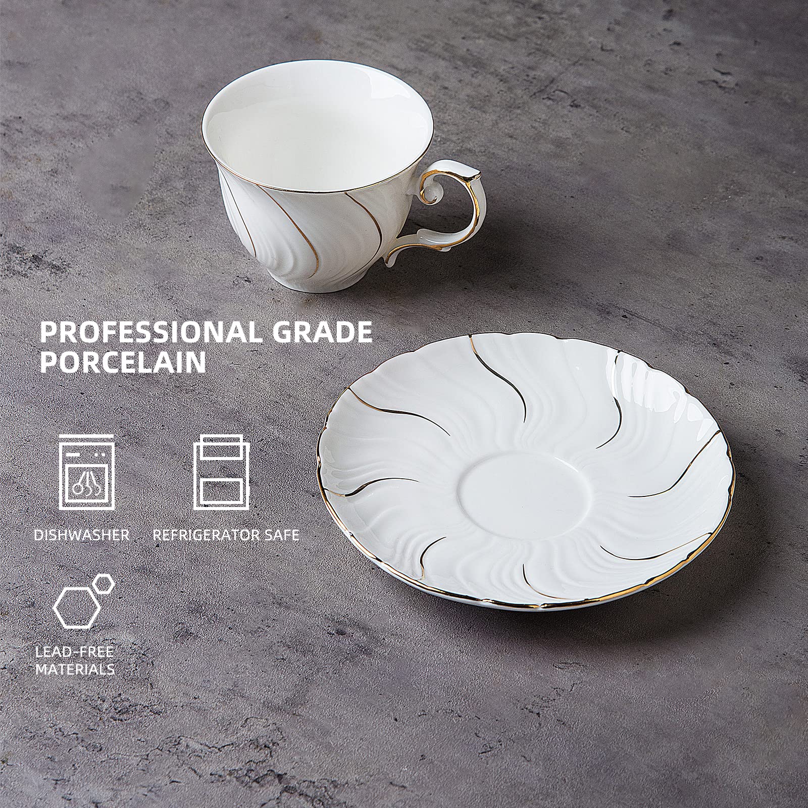 6-Piece Porcelain Tea Cup and Saucer Set - 6oz Elegant White with Gold Trim for Tea, Coffee, Latte, Mocha - Perfect for Afternoon Tea Parties, Bridal Showers, and Cafe Dining