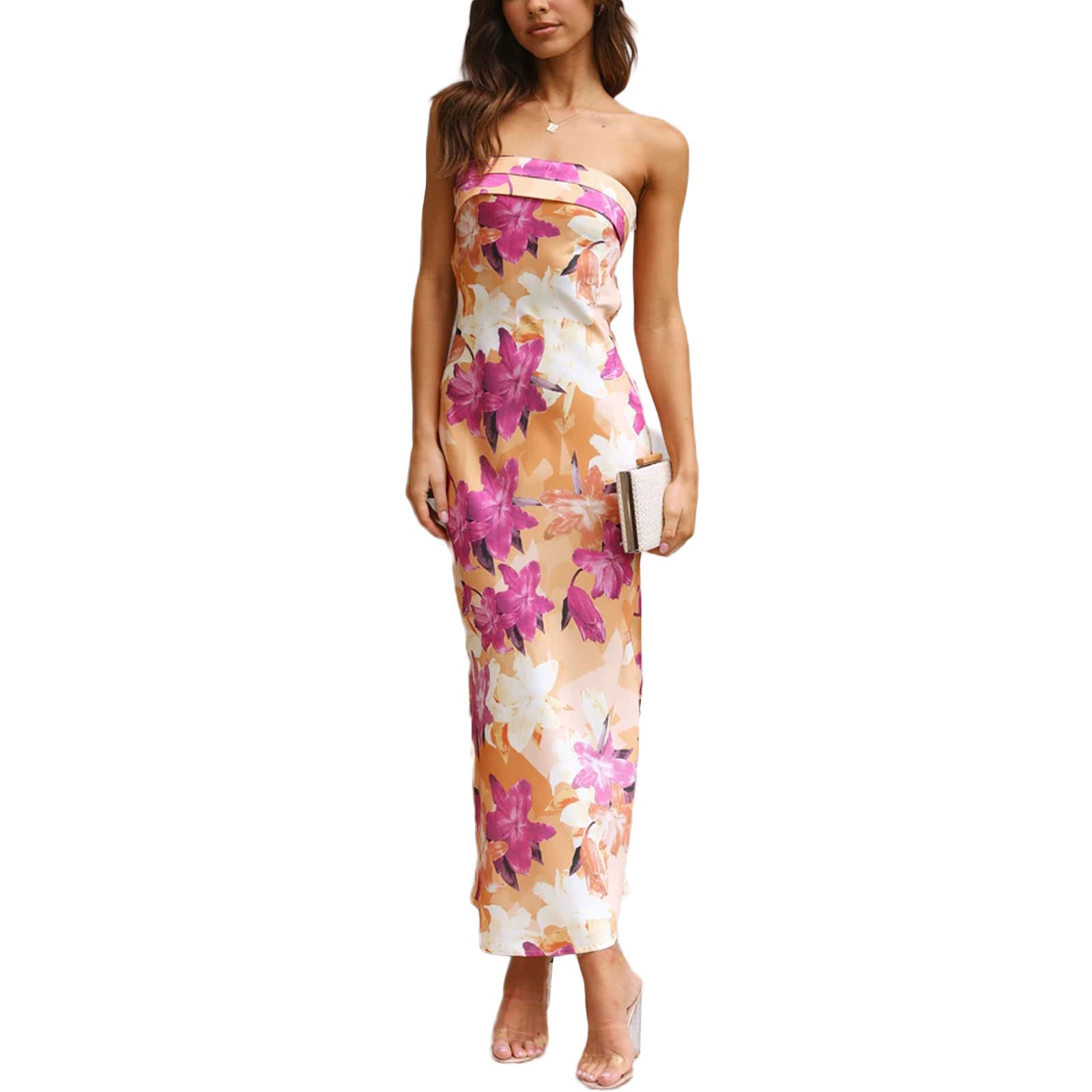 Elegant Floral Print Women's Evening Dress - Sleeveless Strapless Tube Long Party Gown with Cutout Backless Design for Night Out, Prom, Wedding, and Special Occasions