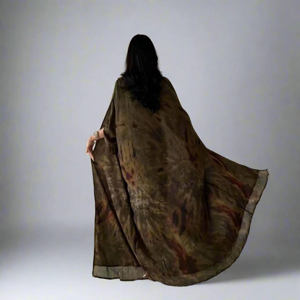 Urgarment Women's Printed Chiffon Open Front Cardigan Abaya Dress in Brown - Elegant Islamic Modest Wear for Prayer, Home & Special Occasions