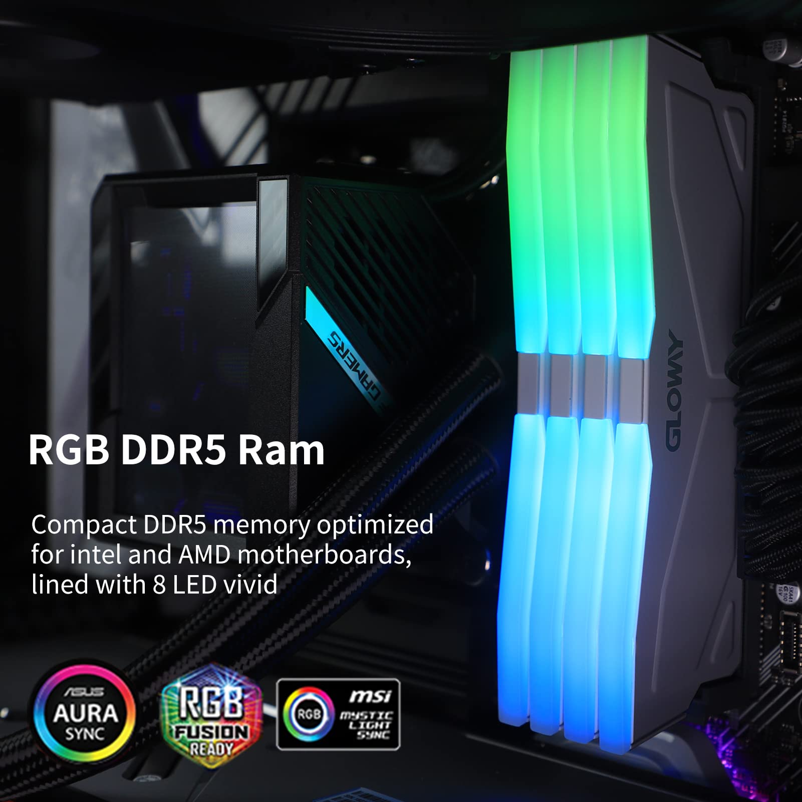 Gloway 32GB (2x16GB) DDR5 6400MHz RGB Gaming RAM - White LED Desktop Memory Kit (288-Pin, CL18) for High-Performance PCs, Gaming Rigs & Content Creation Workstations