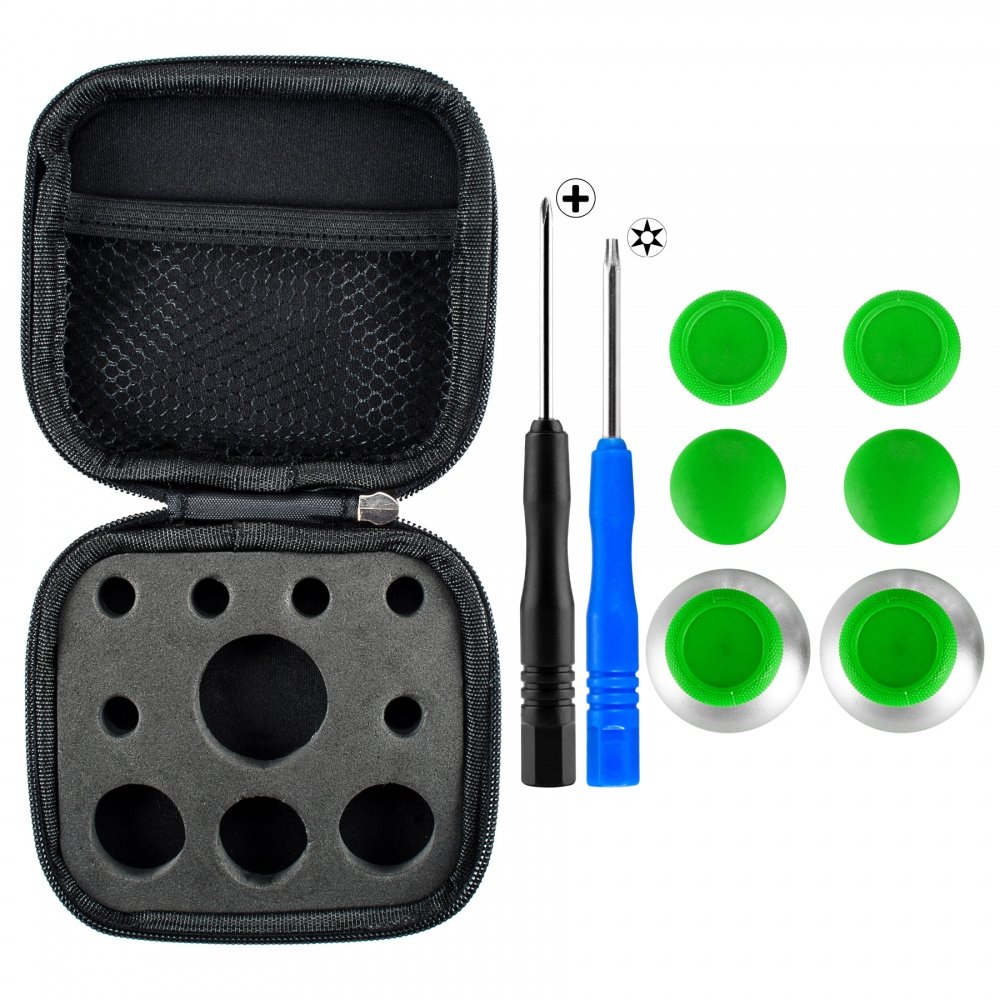 eXtremeRate 8-in-1 Metal Magnetic Thumbsticks & Analog Joysticks Kit with T8 Cross Screwdriver and Storage Case - Compatible with Xbox One S/X/Elite & PS4 Slim/Pro Controllers (Green) - Perfect for Gaming Enthusiasts and Controller Customization